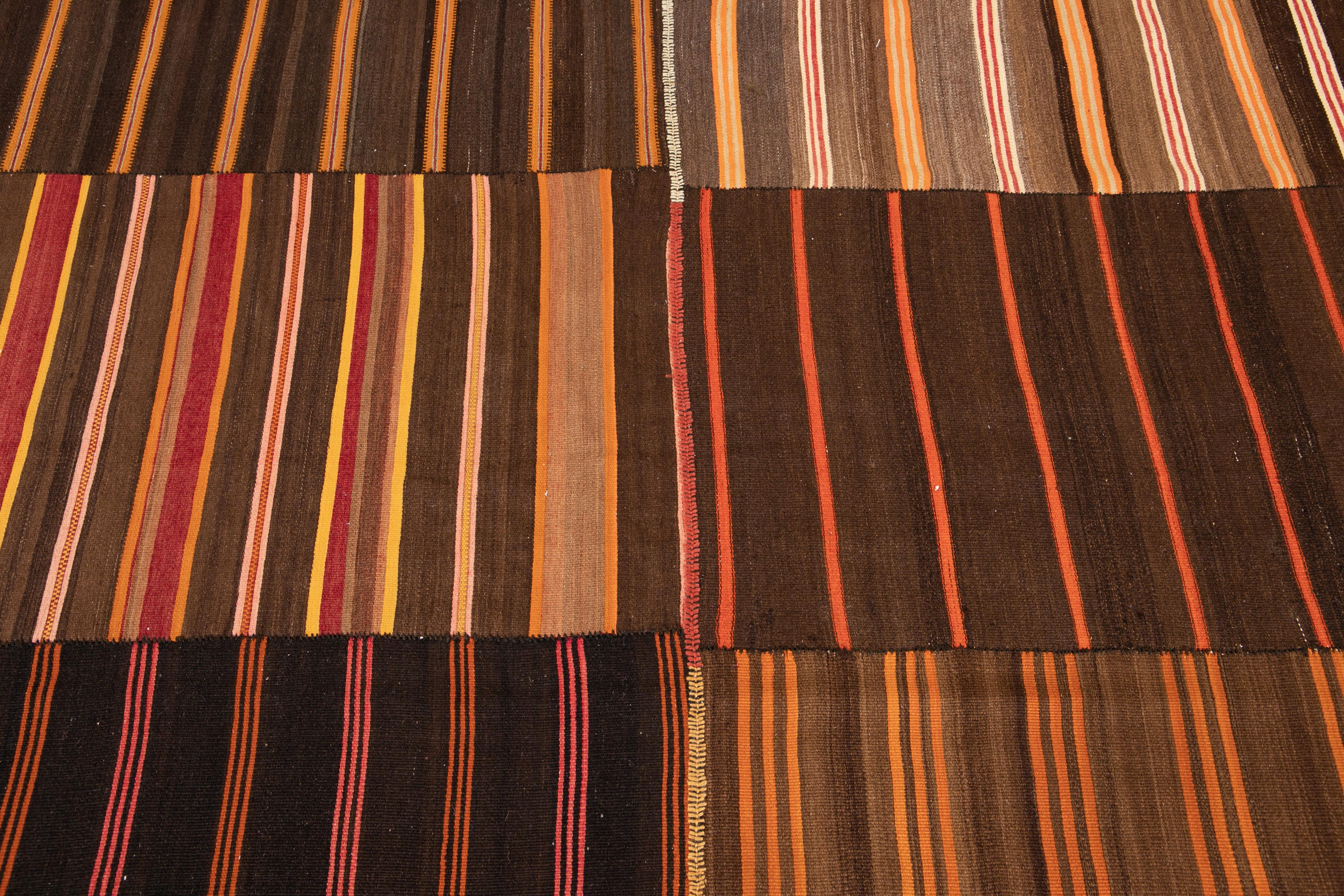 Midcentury Striped Flat-Weave Handmade Brown Wool Rug For Sale 1