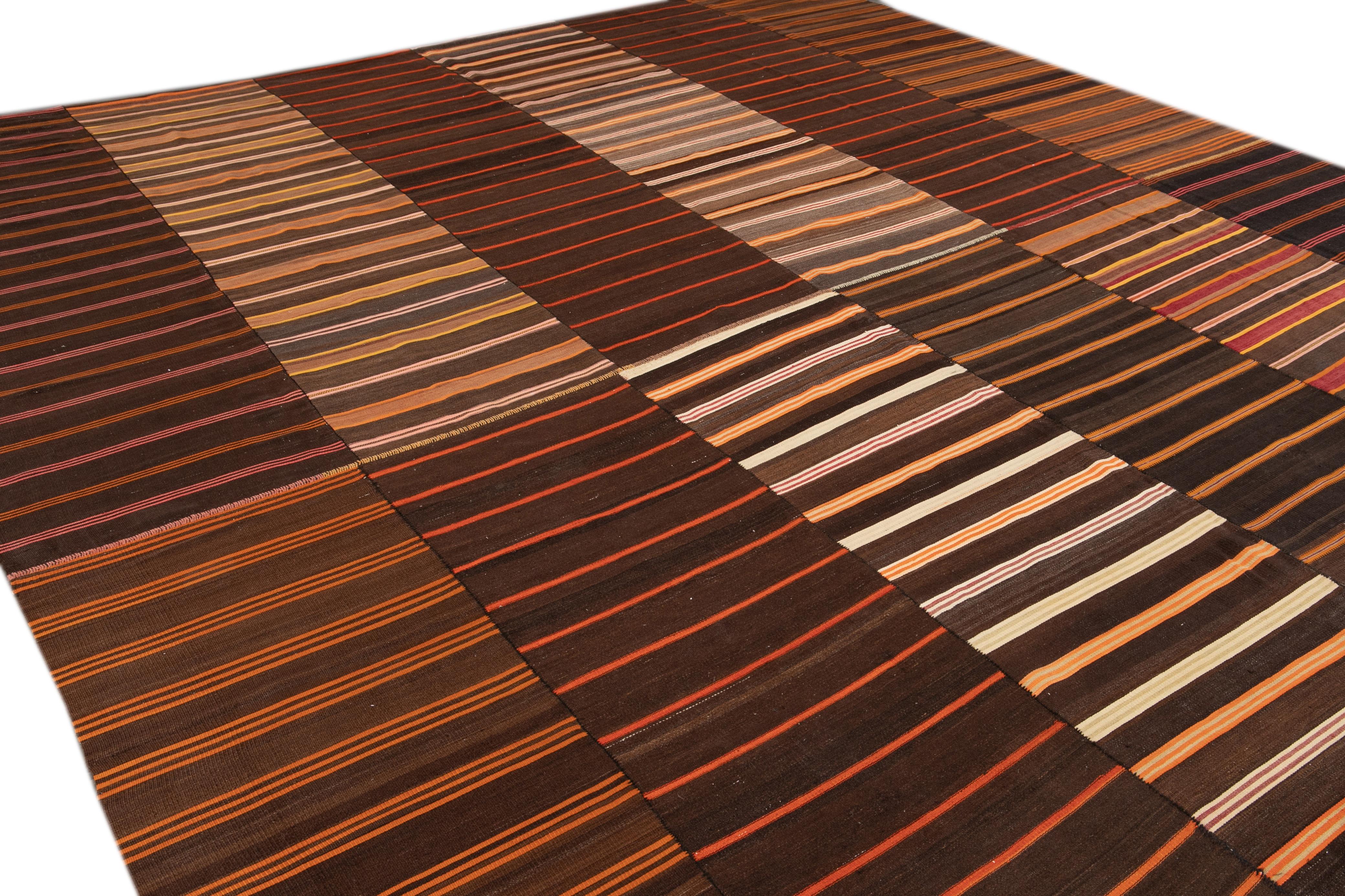 Midcentury Striped Flat-Weave Handmade Brown Wool Rug For Sale 2