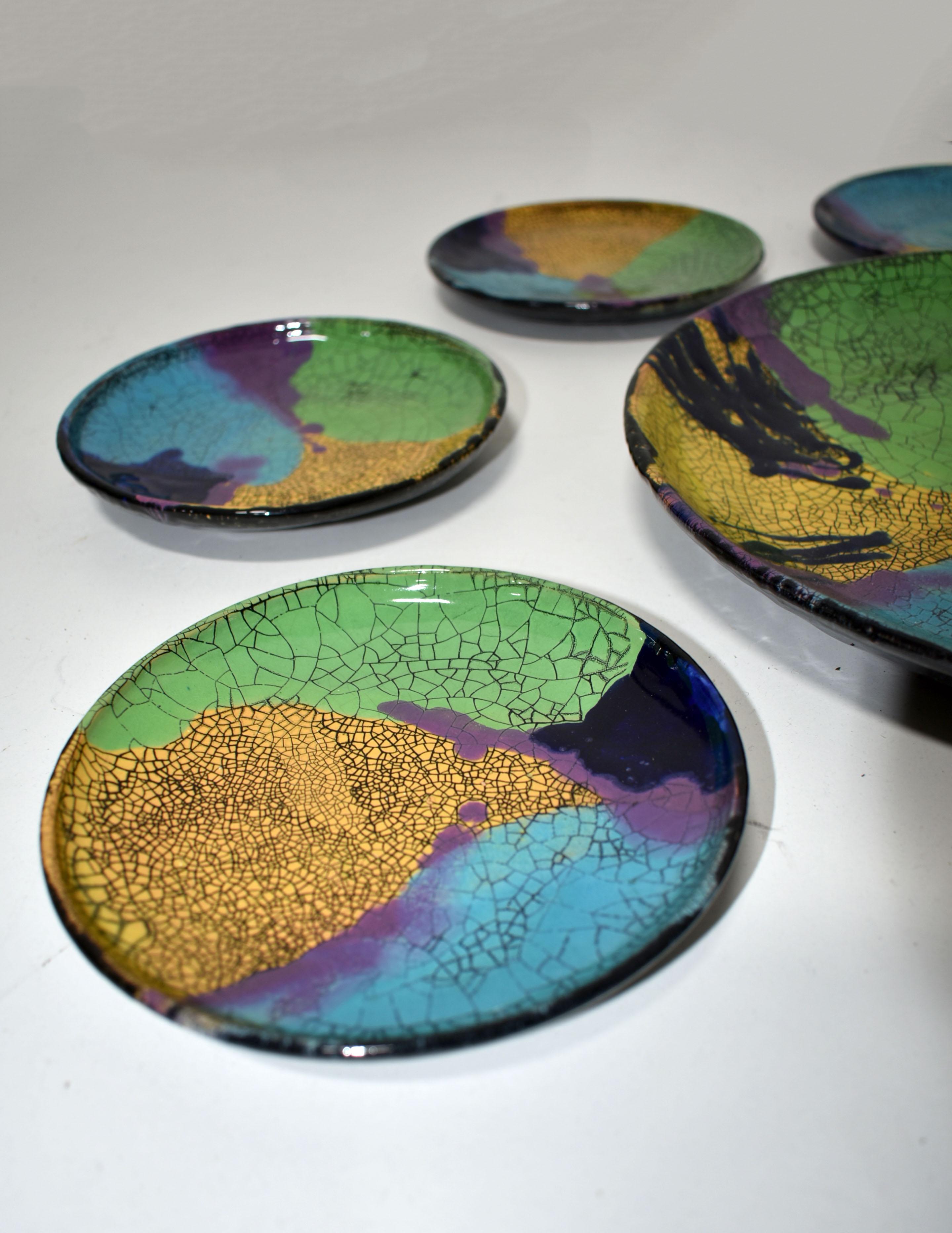 Mid-Century Modern Mid Century Studio Ceramic Art, Large Platter with 6 Plates, Abstract Design For Sale