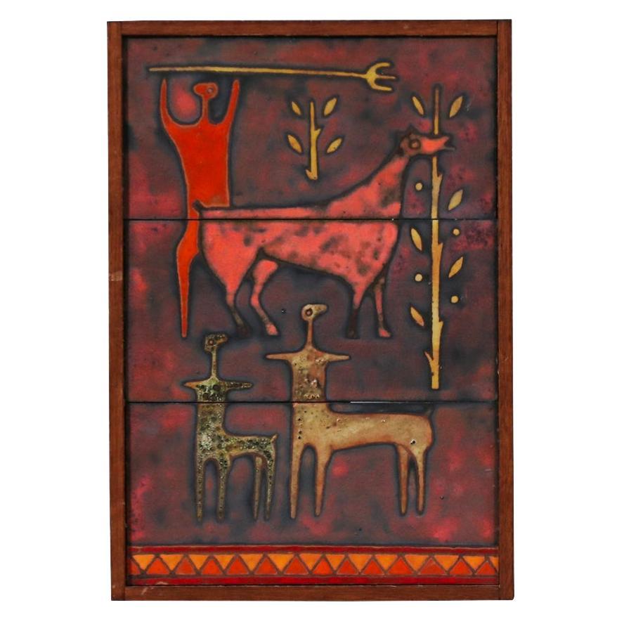 Mid-Century Studio Ceramic Plaque w/ Primitivist Animal 
Hunting Motifs For Sale