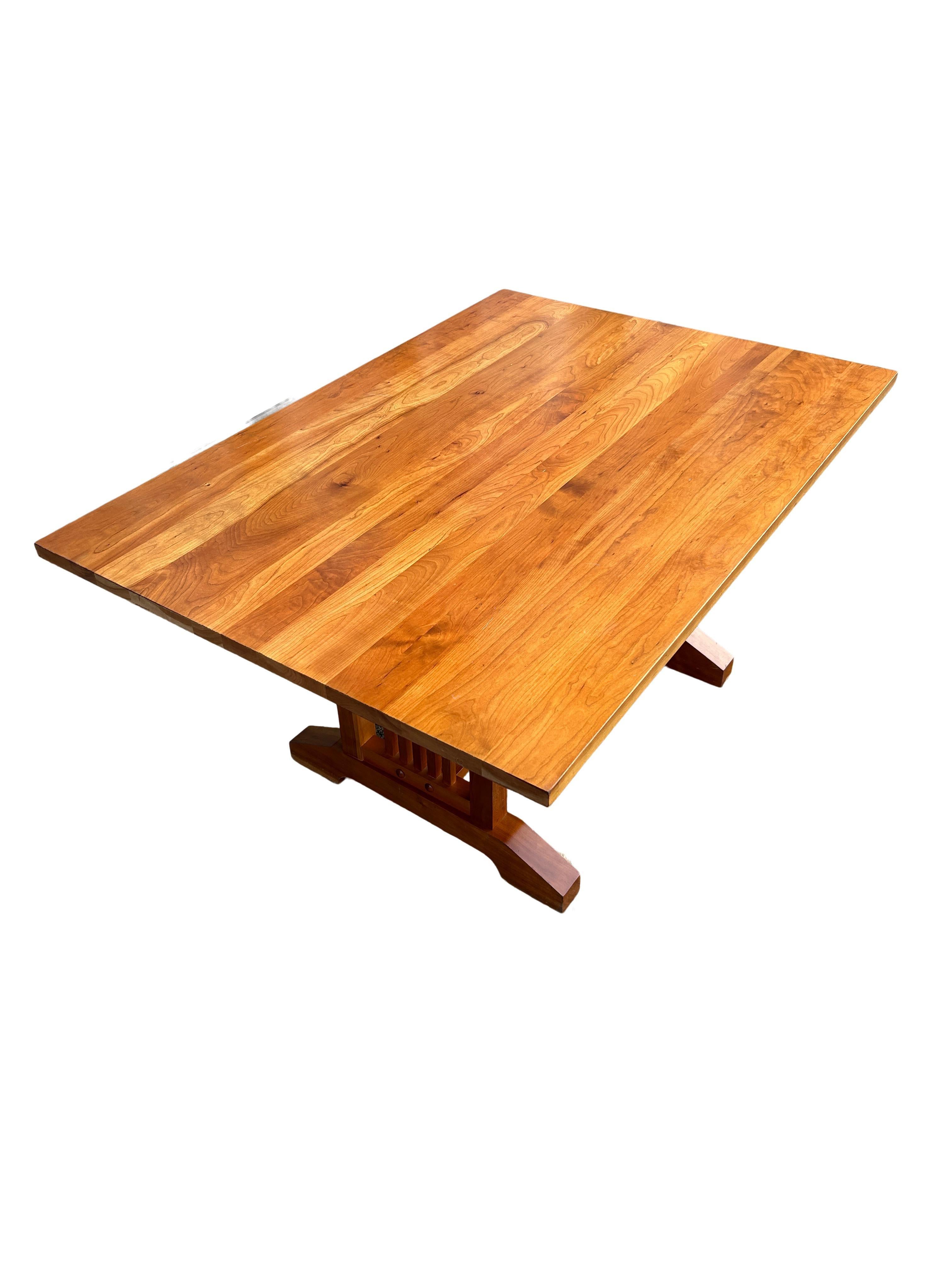Woodwork Mid-Century Studio Craft Solid Cherry Dining Table Mission Trestle Style For Sale