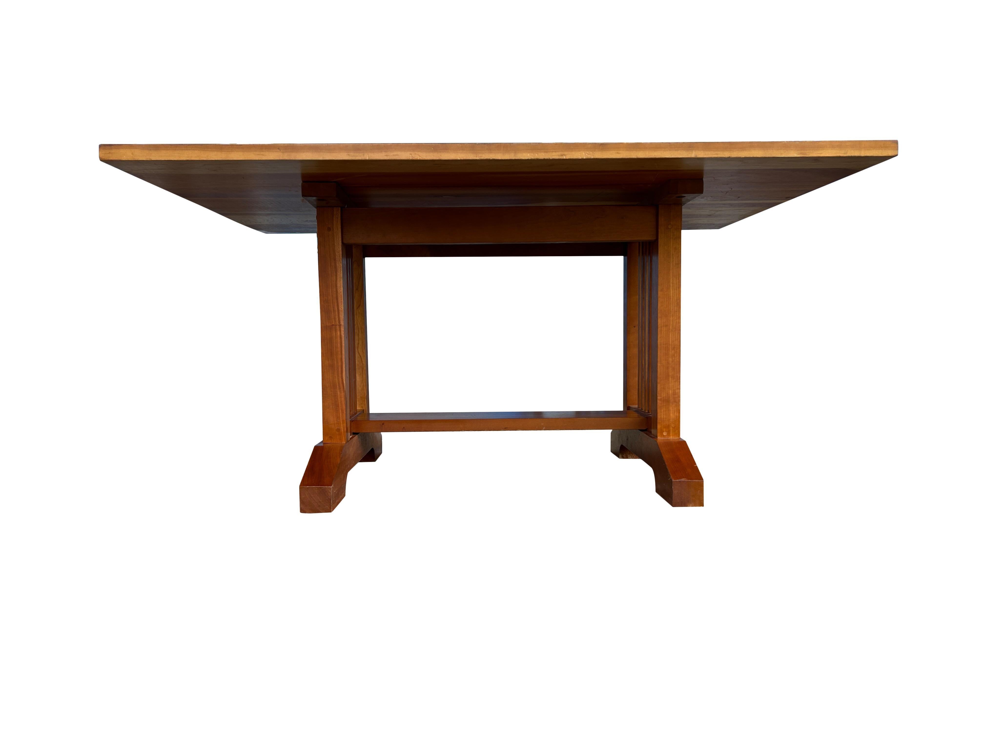 Mid-Century Studio Craft Solid Cherry Dining Table Mission Trestle Style In Good Condition For Sale In Brooklyn, NY