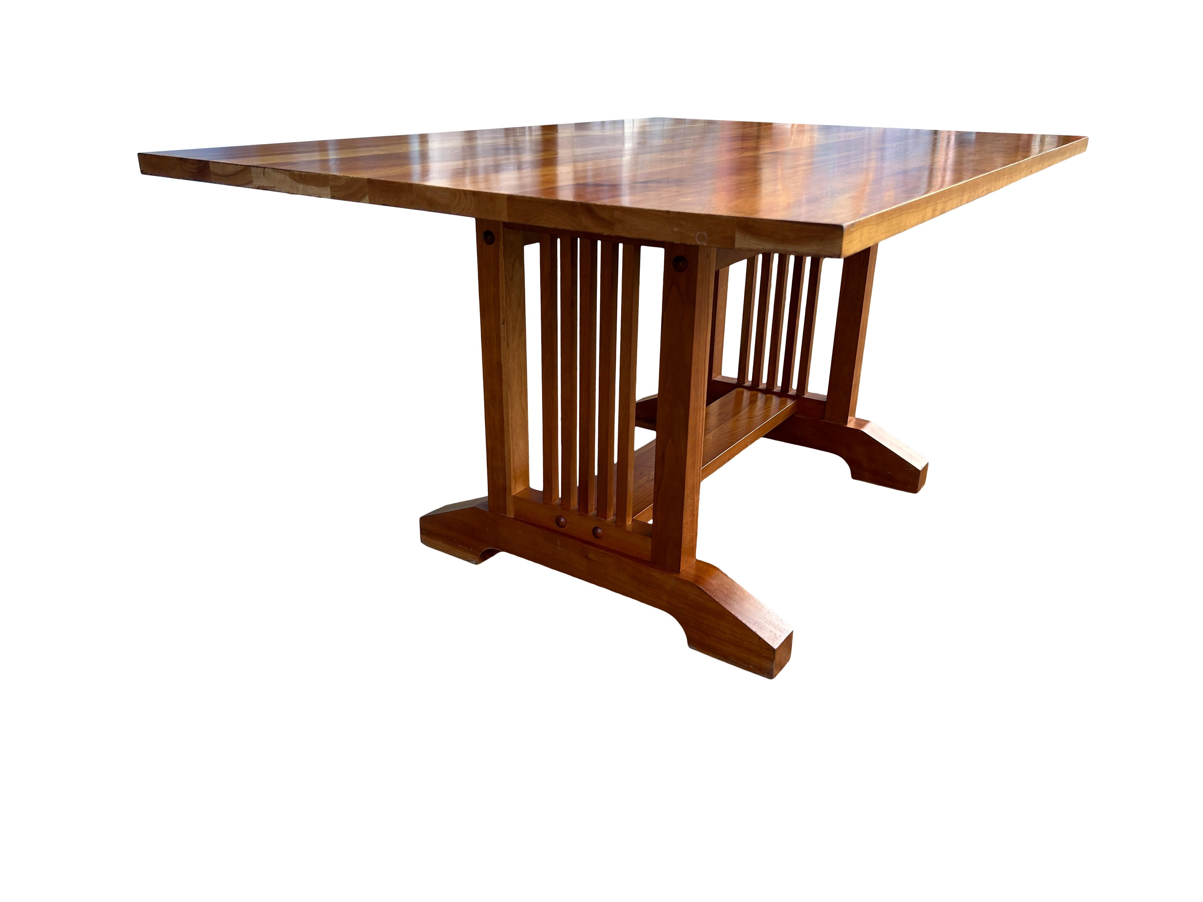 Mid-Century Studio Craft Solid Cherry Dining Table Mission Trestle Style In Good Condition For Sale In BROOKLYN, NY