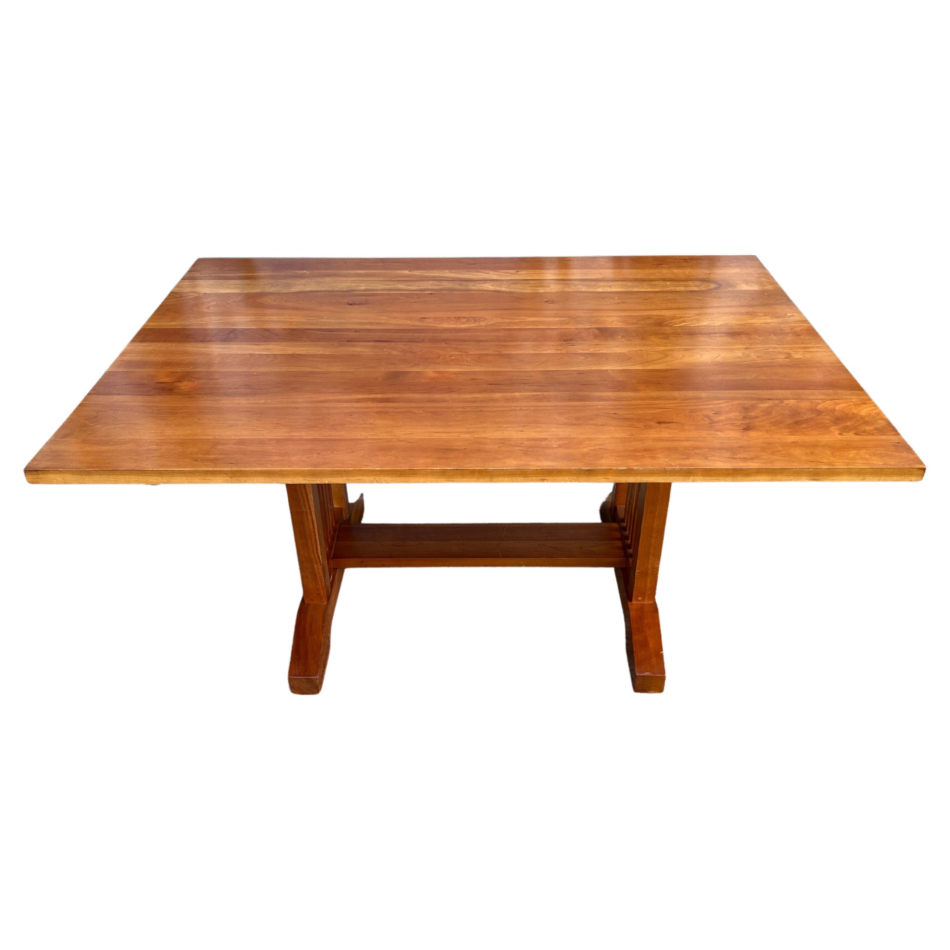 Mid-Century Studio Craft Solid Cherry Dining Table Mission Trestle Style For Sale