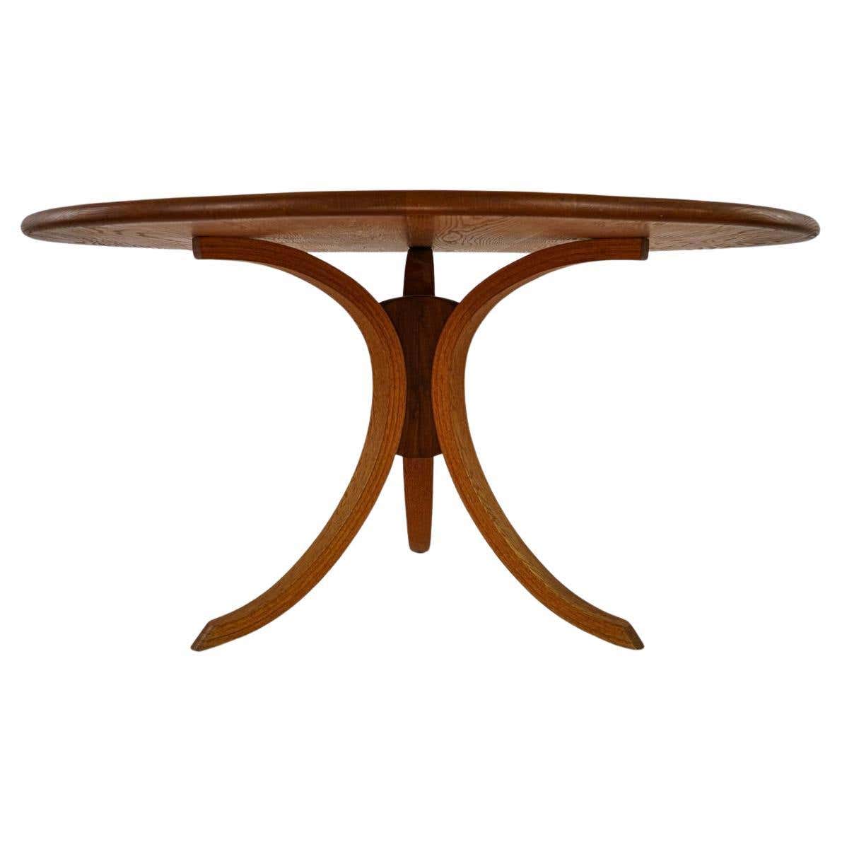 Mid century studio craft solid oak round dining table with curved legs ...