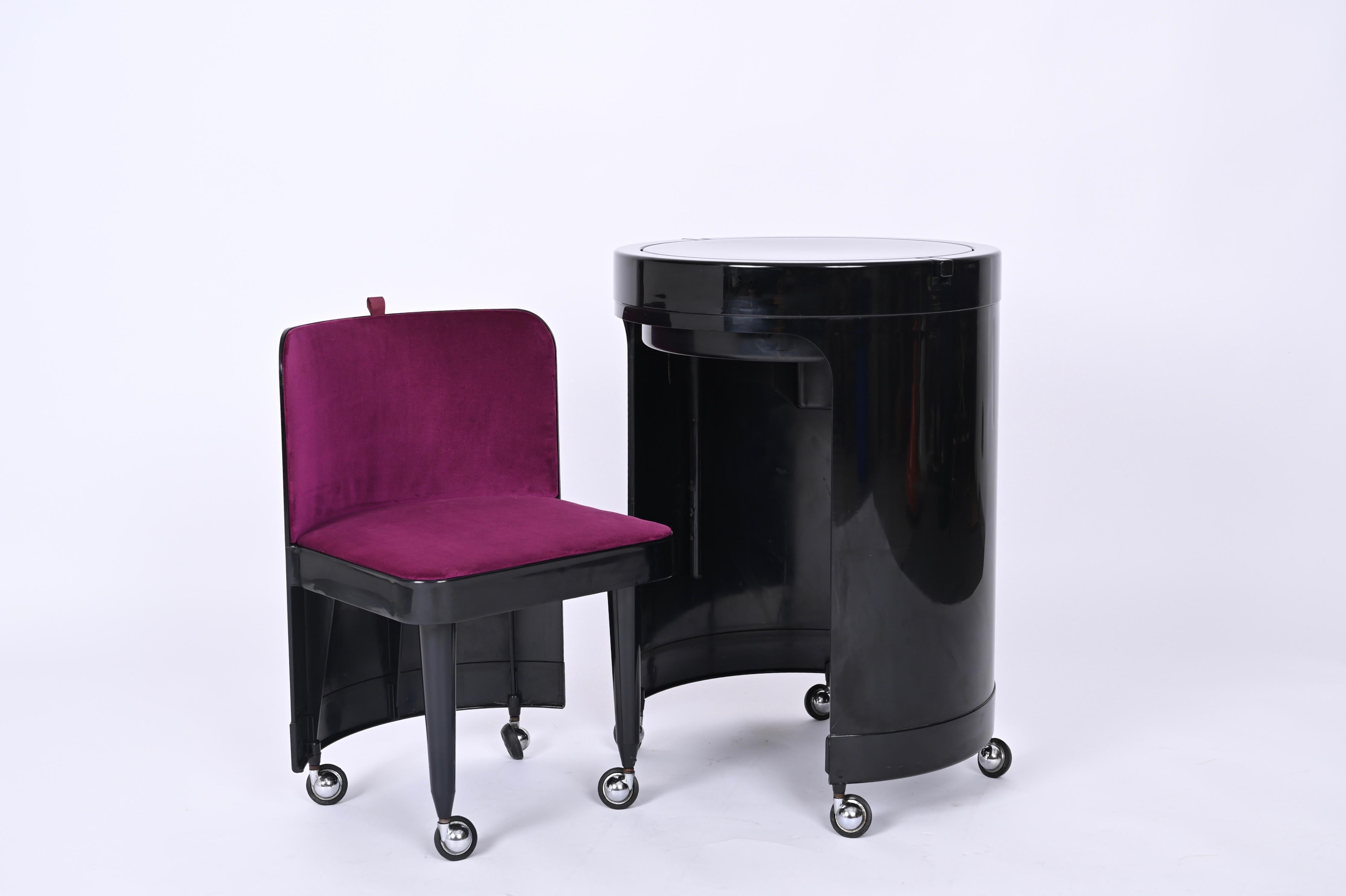 Late 20th Century Studio Kastilia Silvi, Italian Black Vanity Table with Purple Seat, 1970s