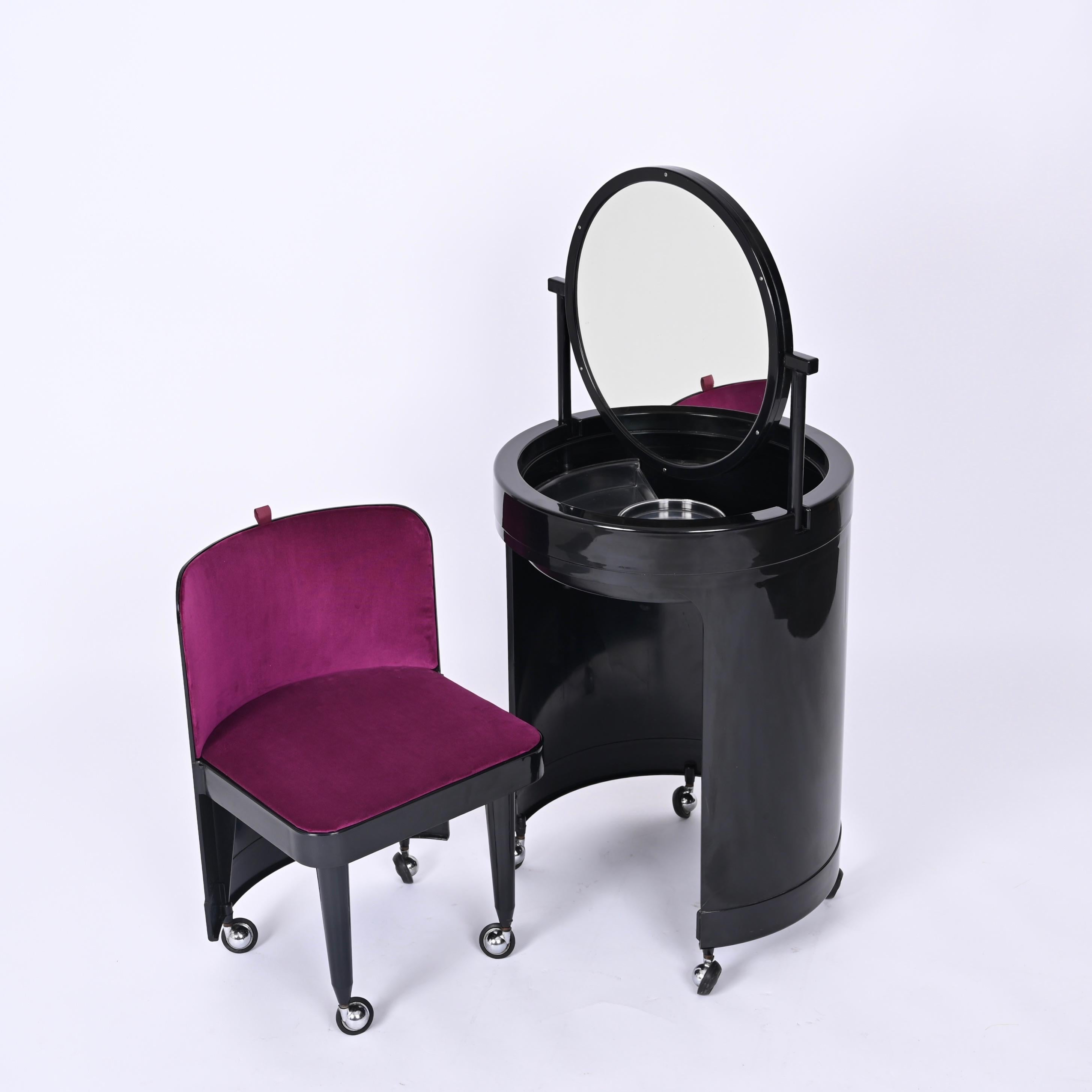 Fabric Studio Kastilia Silvi, Italian Black Vanity Table with Purple Seat, 1970s