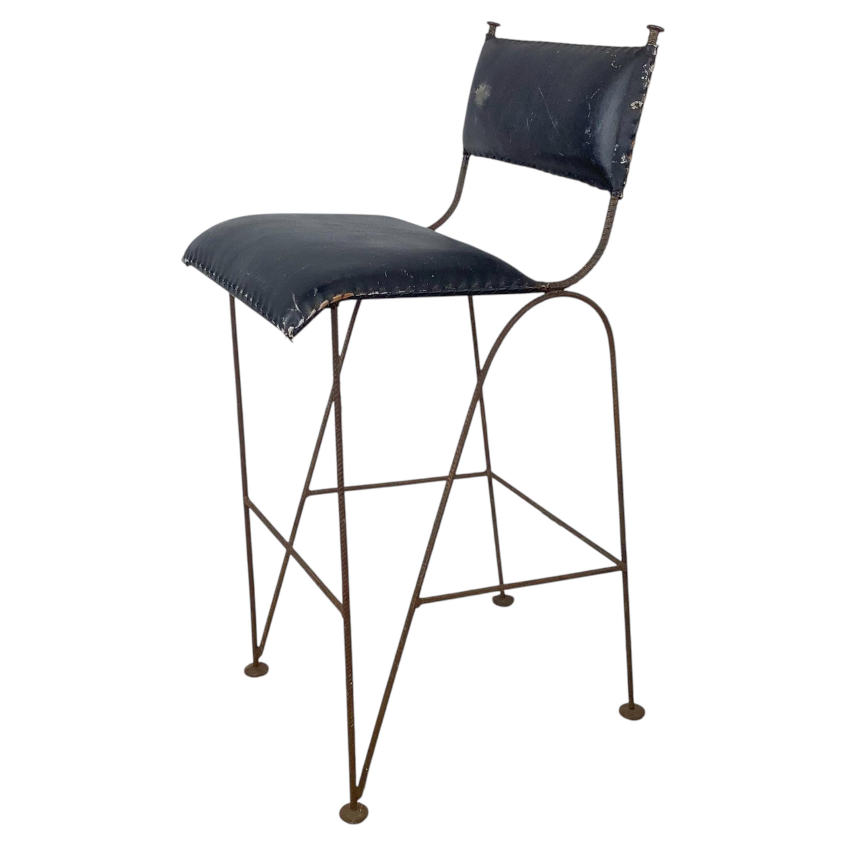 Mid-Century Studio-Made Iron Bar Stool, Black Upholstered Seat, 1960s