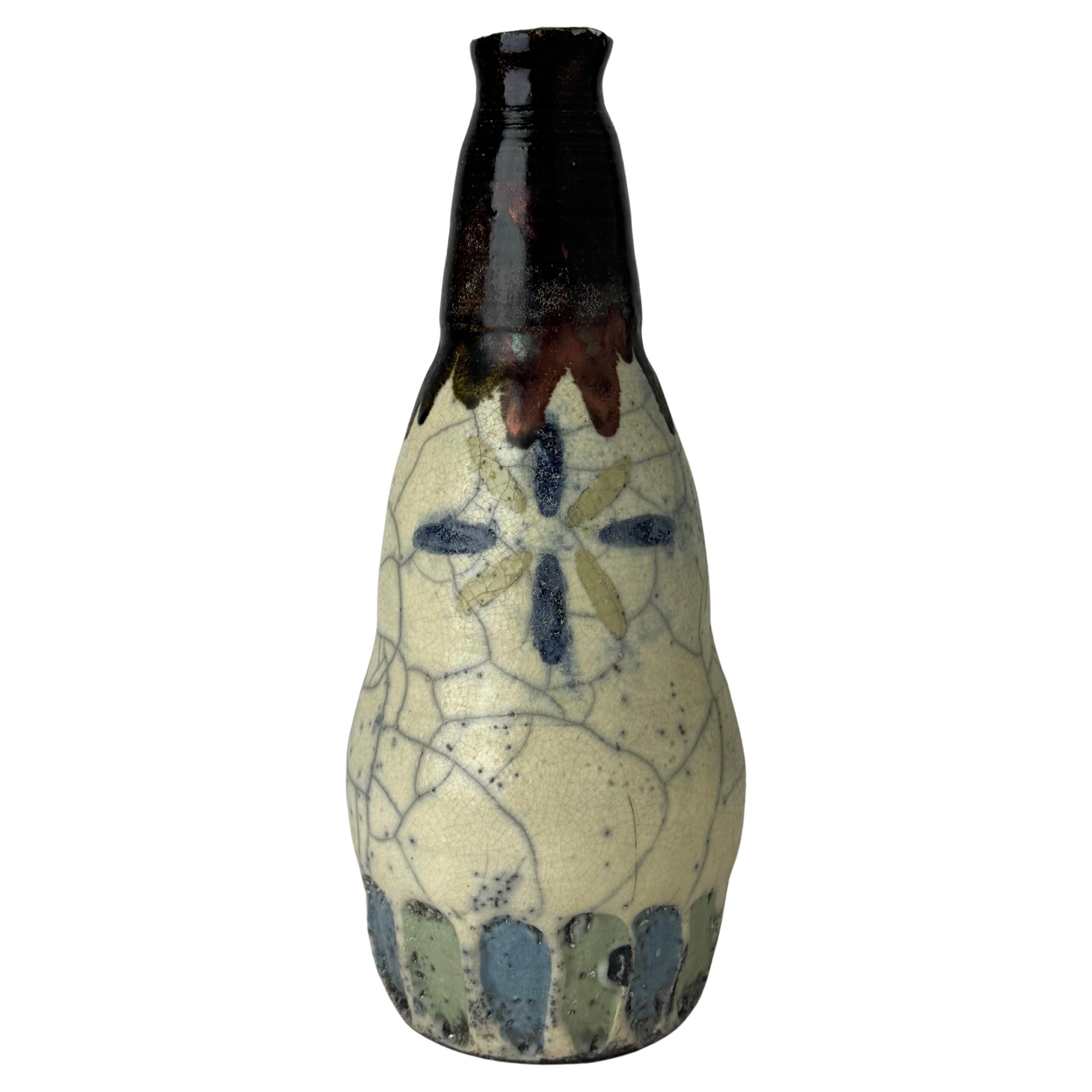 Mid-Century Studio Pottery Bottle Vase with Crackle Glaze, c. 1960s For Sale