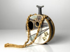 Mid Century Studio Pottery Ceramic Vessel Sculpture Geometric Glaze & Jute Rope