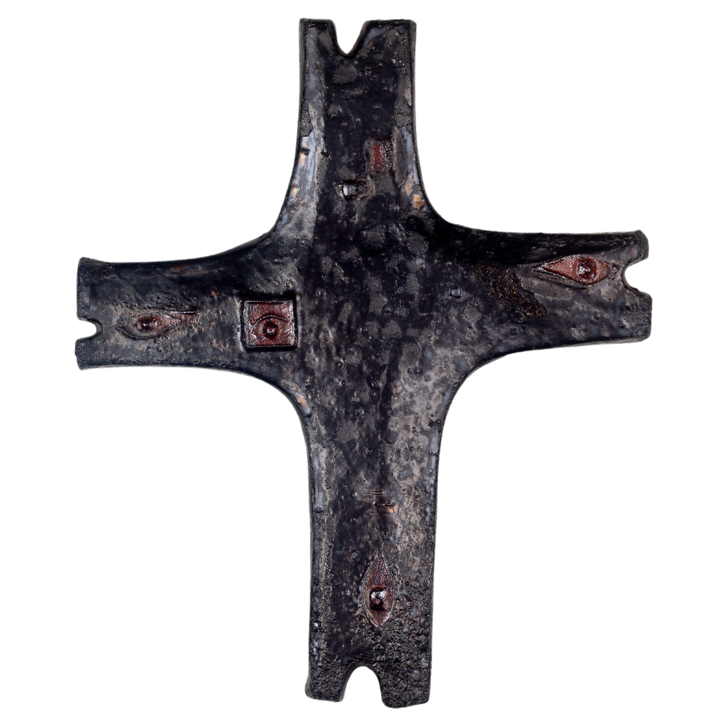 Mid-Century Studio Pottery Cross with Abstract Detail For Sale