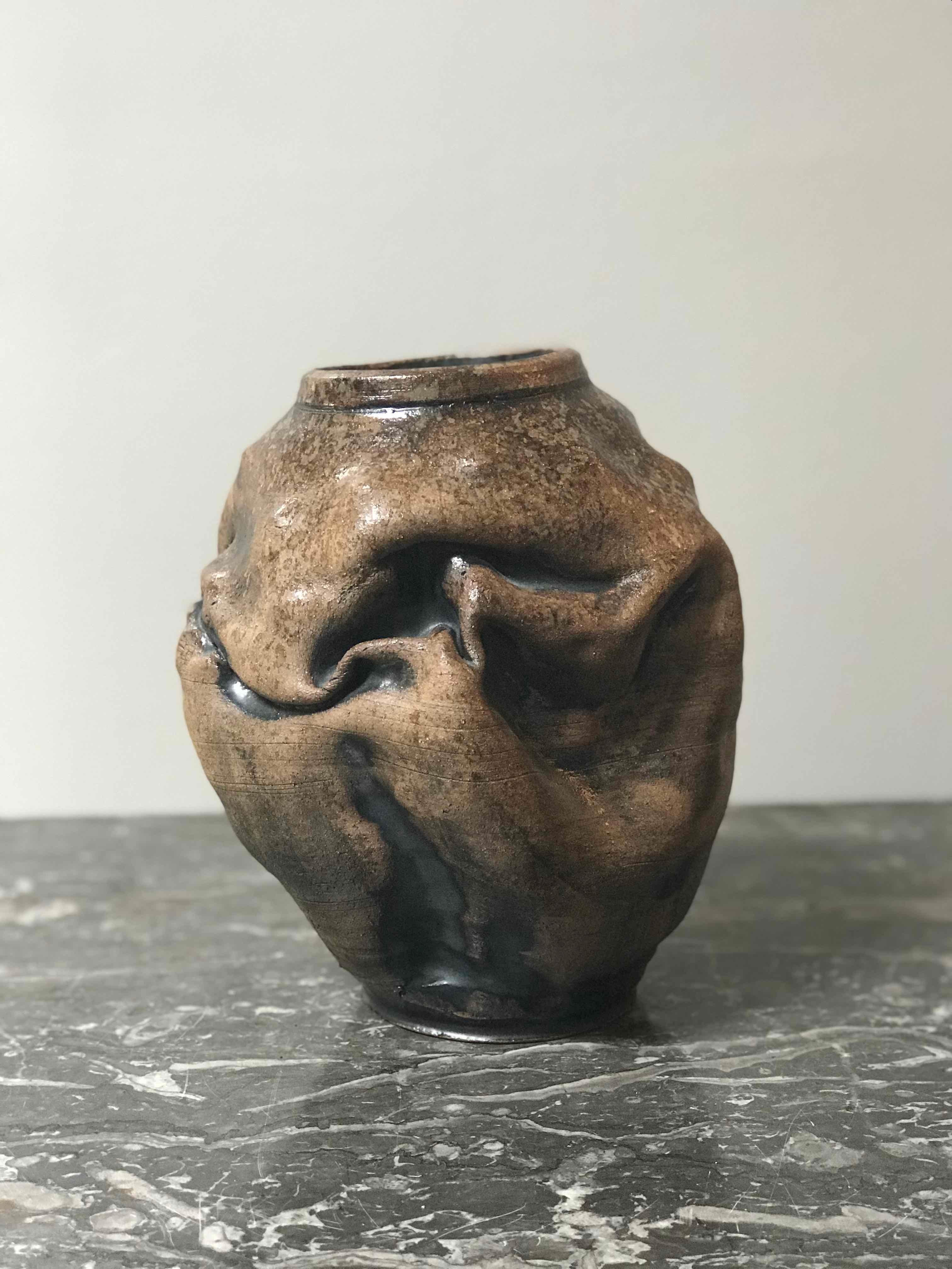 Mid-century studio pottery hand thrown crinkled vase. 