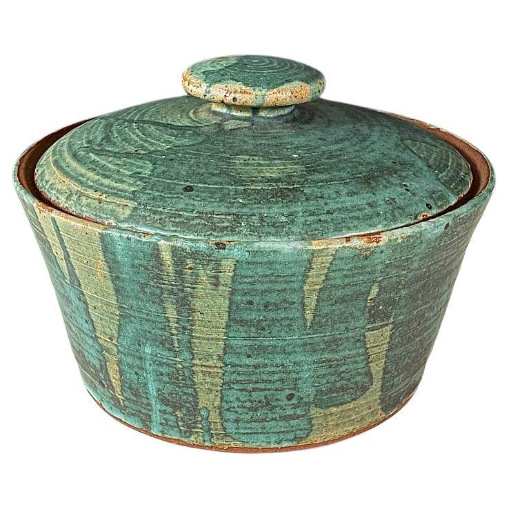 Mid-Century Studio Pottery Lidded Vessel w/ Dripped Green Glaze