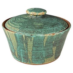 Mid-Century Studio Pottery Lidded Vessel w/ Dripped Green Glaze