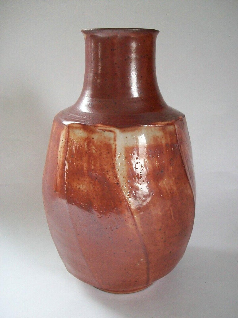 Mid Century Studio Pottery Stoneware Bottle Vase with Cut Sides, Signed