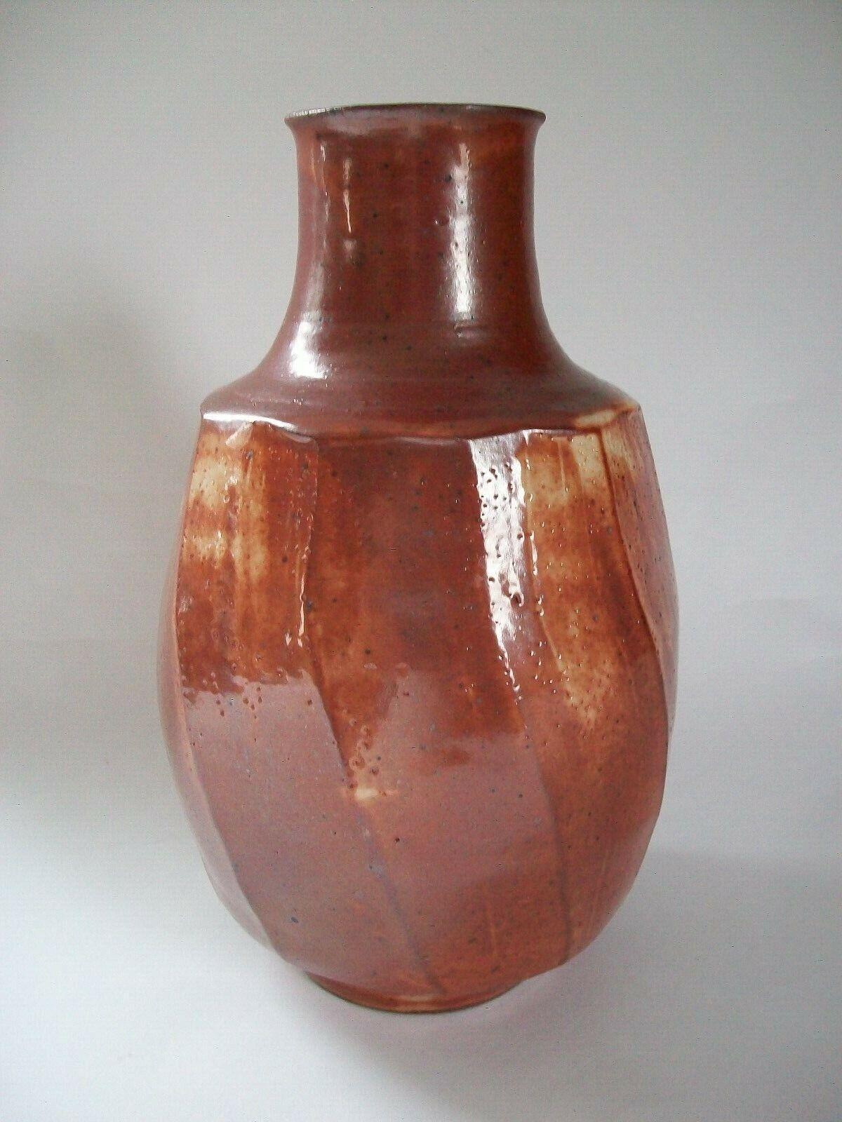 Glazed Mid Century Studio Pottery Stoneware Bottle Vase with Cut Sides, Signed, 1970s For Sale