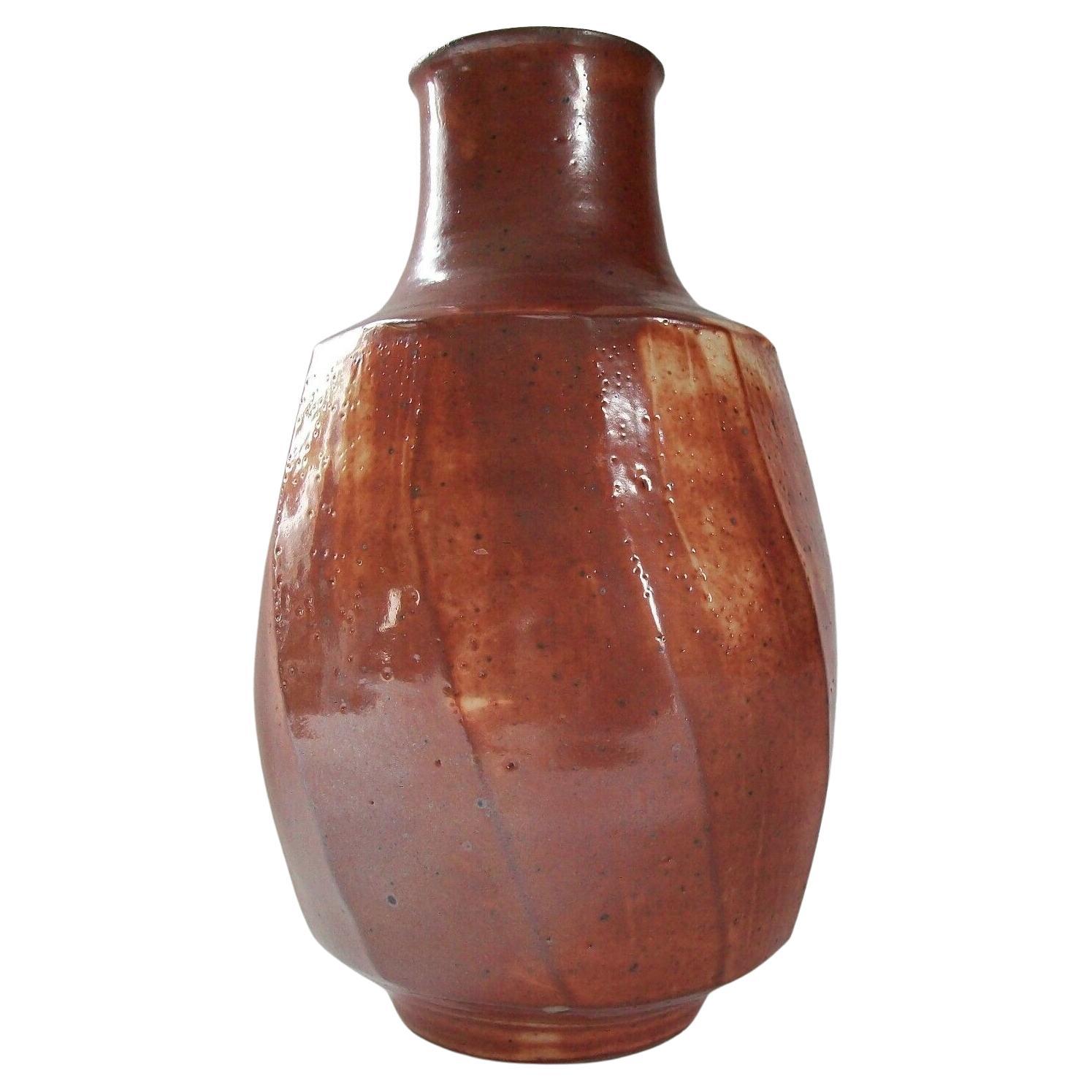 Mid Century Studio Pottery Stoneware Bottle Vase with Cut Sides, Signed, 1970s For Sale