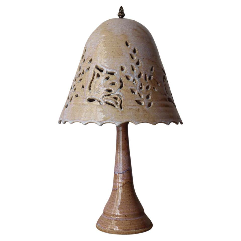 Mid Century Studio Pottery Table Lamp in Chamotte Clay with Rattan ...