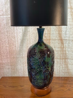 Mid-Century Studio Pottery Table Lamp with Sculpted Floral Glaze and Wood Base