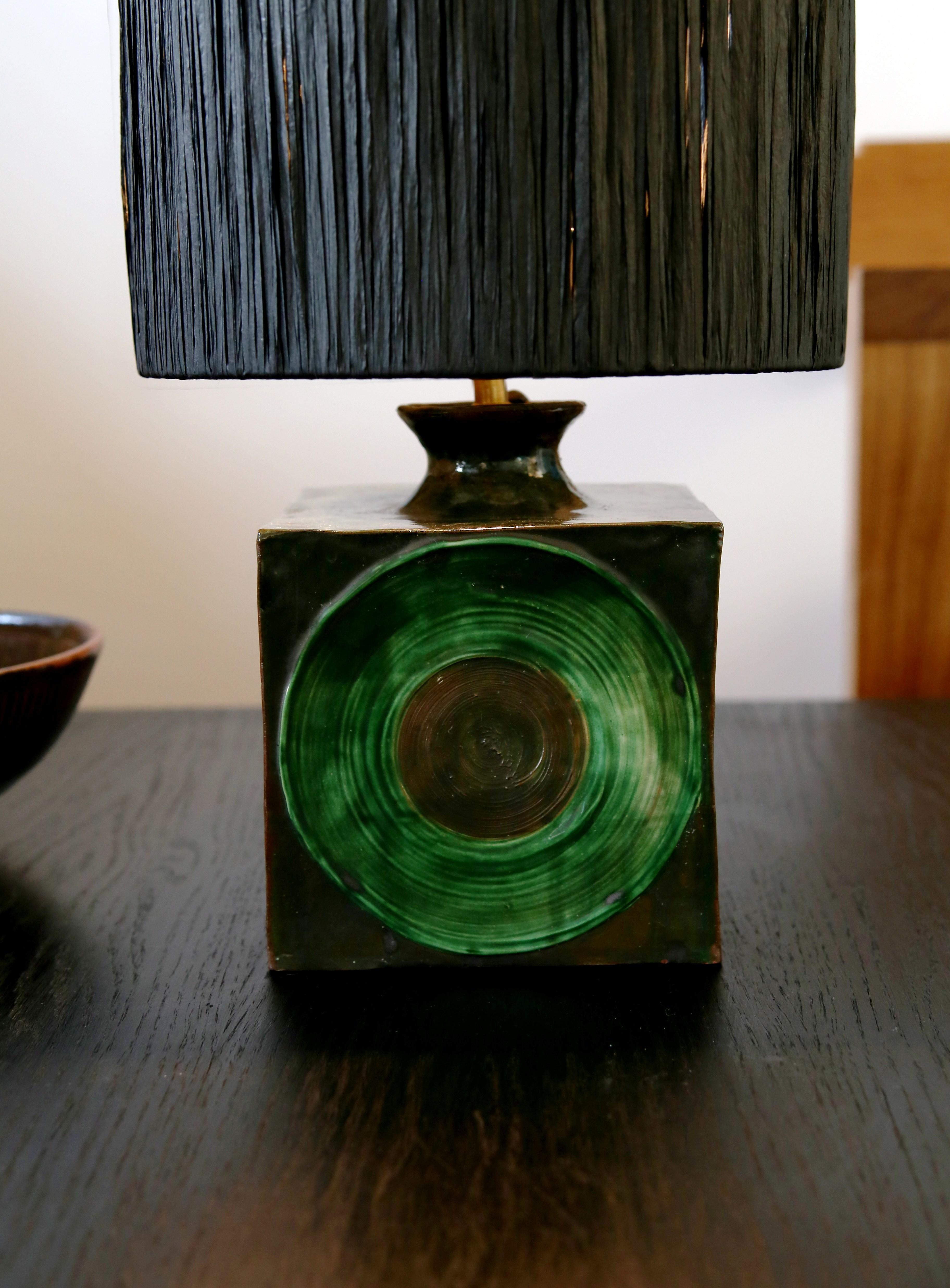20th Century Mid Century studio pottery table lamp with shade For Sale