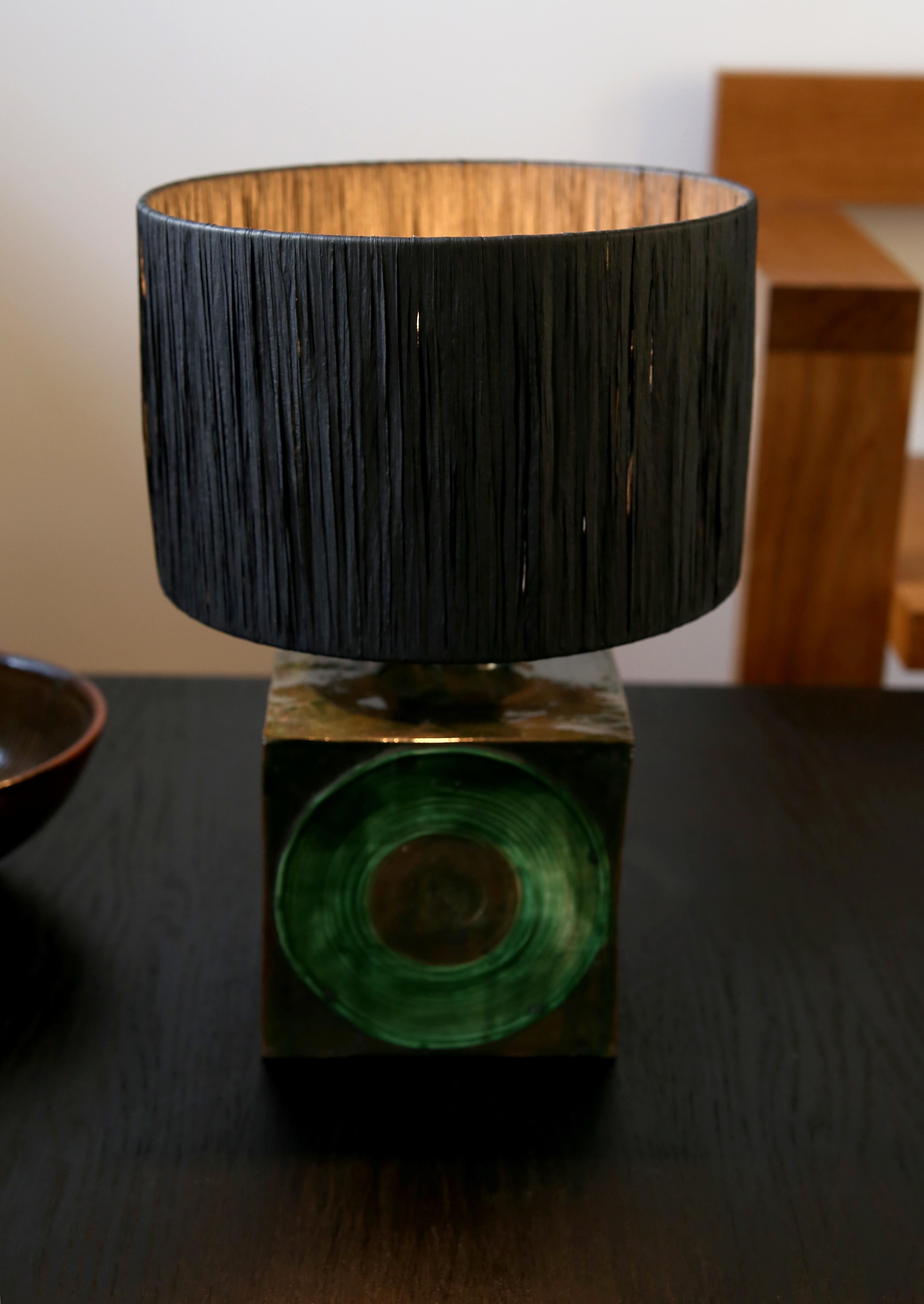 Pottery Mid Century studio pottery table lamp with shade For Sale