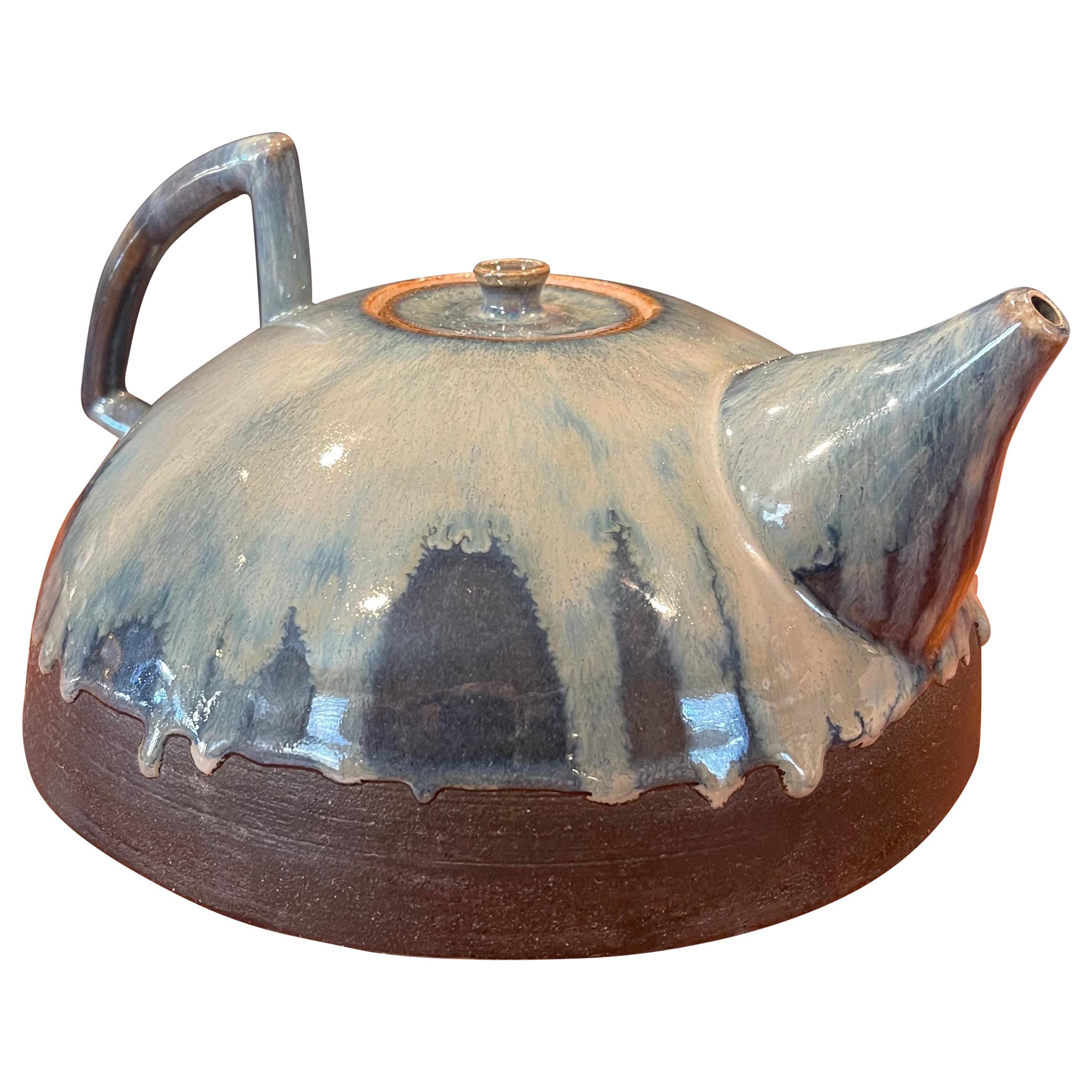 Mid-Century Studio Pottery Tea Pot with Blue Lava Glaze