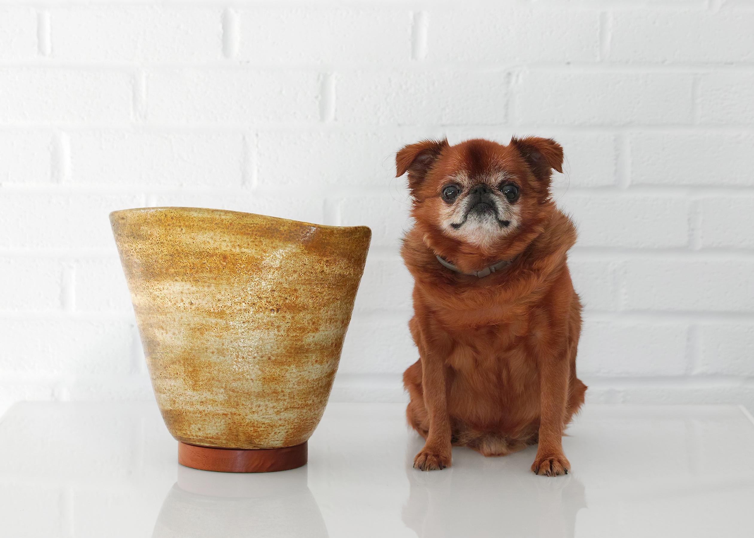 Pour votre considération est cette unique, fait à la main, studio pottery mid-century uplight lamp. L'abat-jour en terre cuite présente des lignes joliment incurvées et une glaçure épaisse avec des tons de terre naturels et un relief de surface