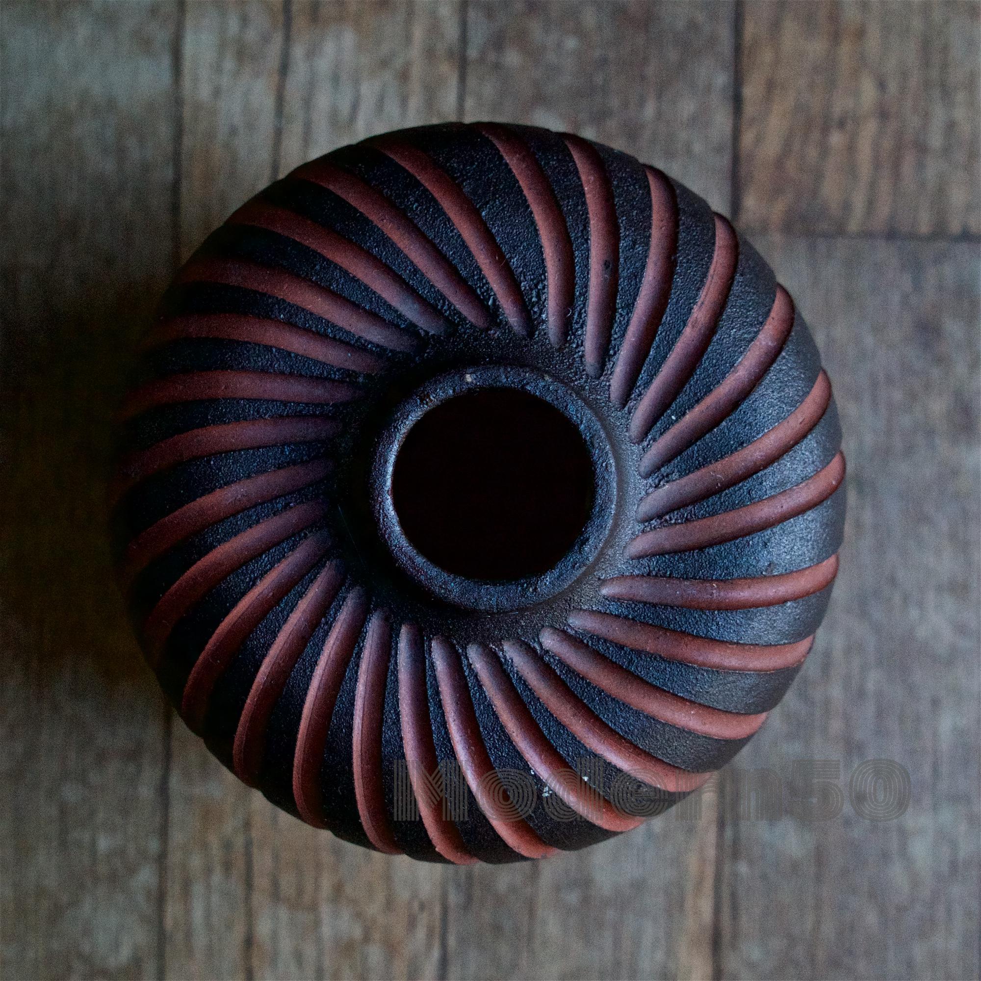 Scandinavian Modern Midcentury Studio Pottery Vase Sgraffitto Striped Cabinmodern Heart Shape McM For Sale
