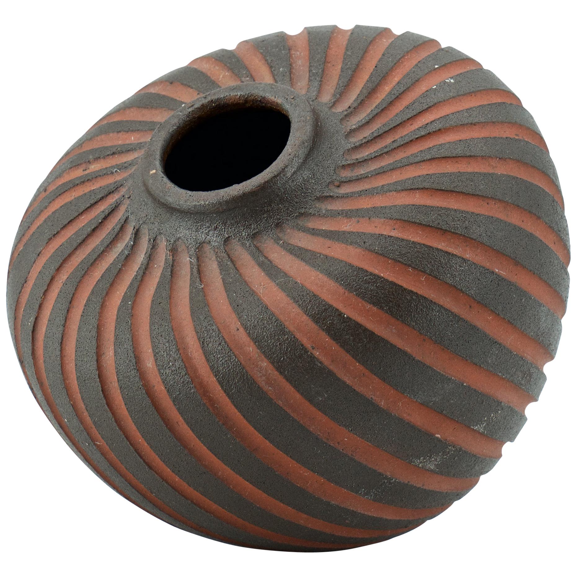 Midcentury Studio Pottery Vase Sgraffitto Striped Cabinmodern Heart Shape McM For Sale