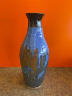 Mid-Century Studio Pottery Vase with Blue Drip Glaze