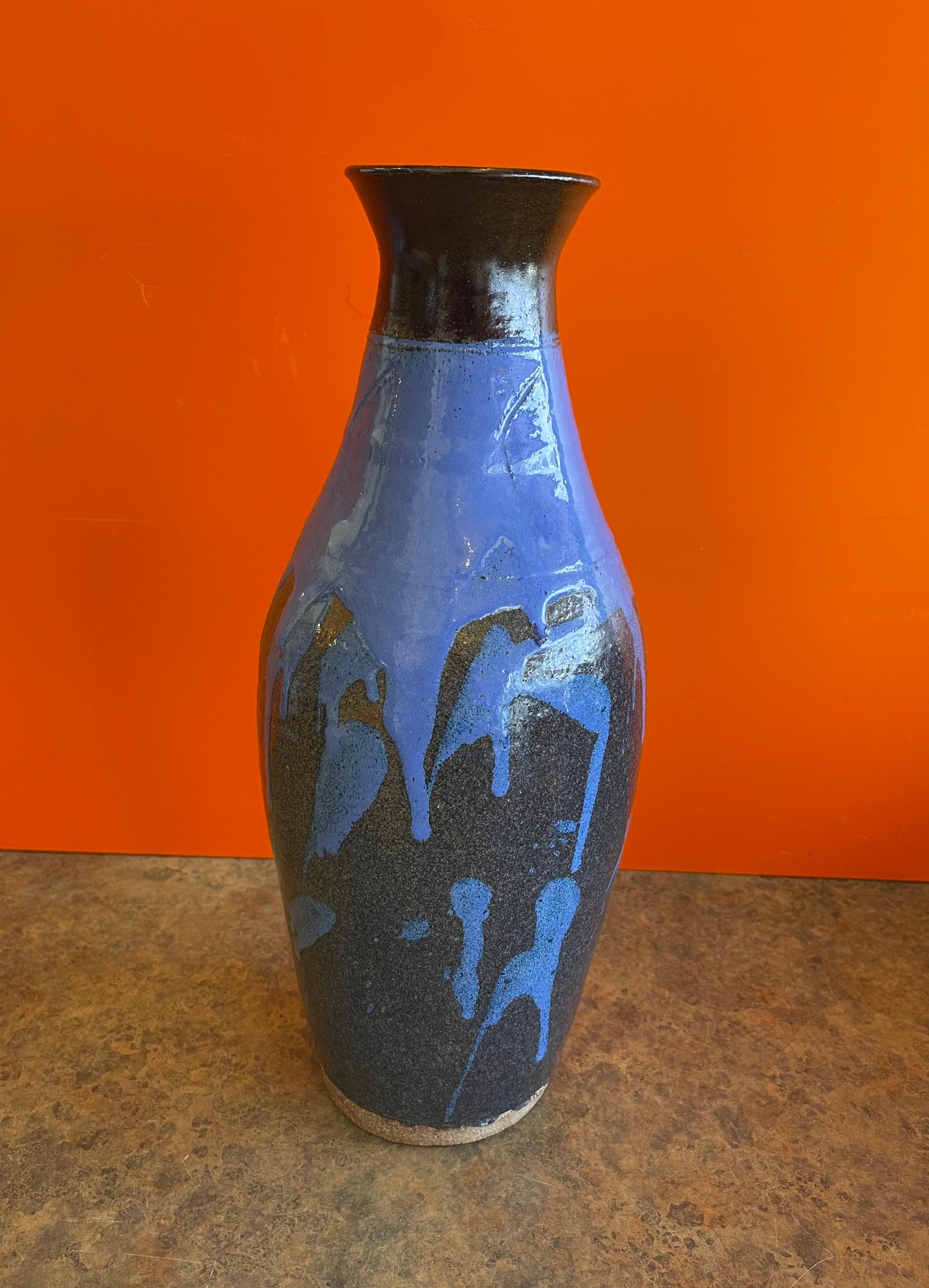 Mid-Century Modern Mid-Century Studio Pottery Vase with Blue Drip Glaze