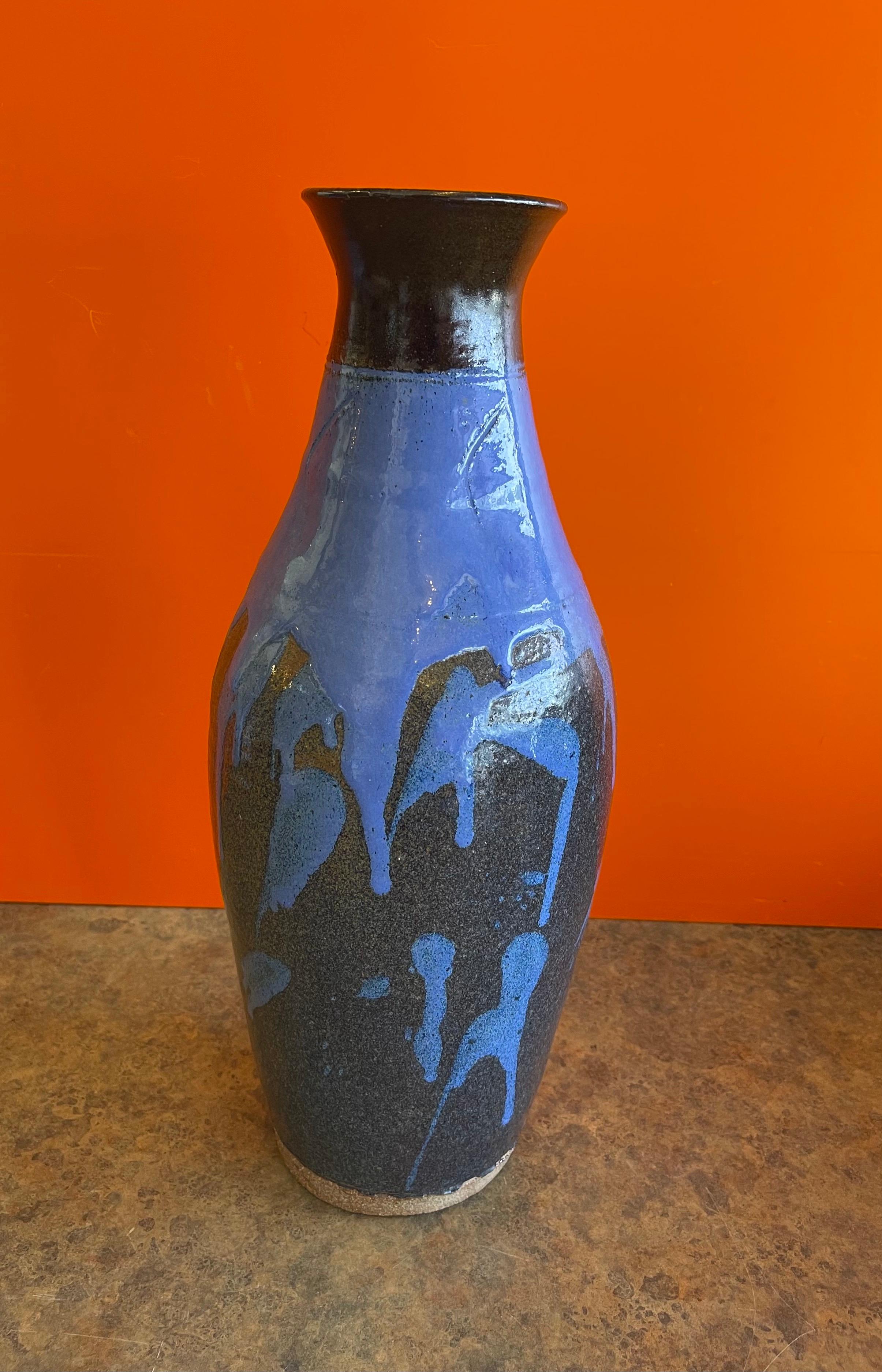 American Mid-Century Studio Pottery Vase with Blue Drip Glaze