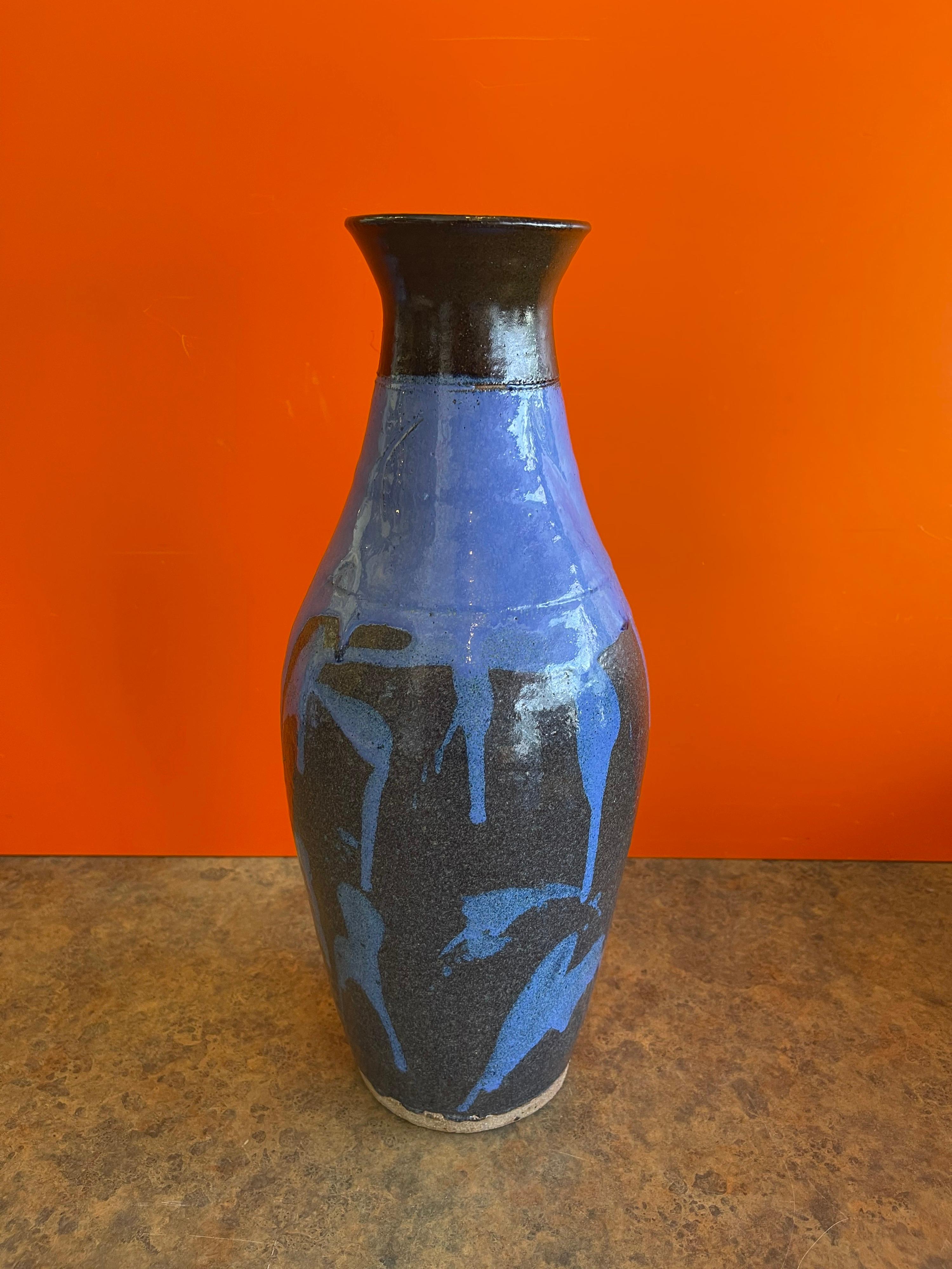 Glazed Mid-Century Studio Pottery Vase with Blue Drip Glaze