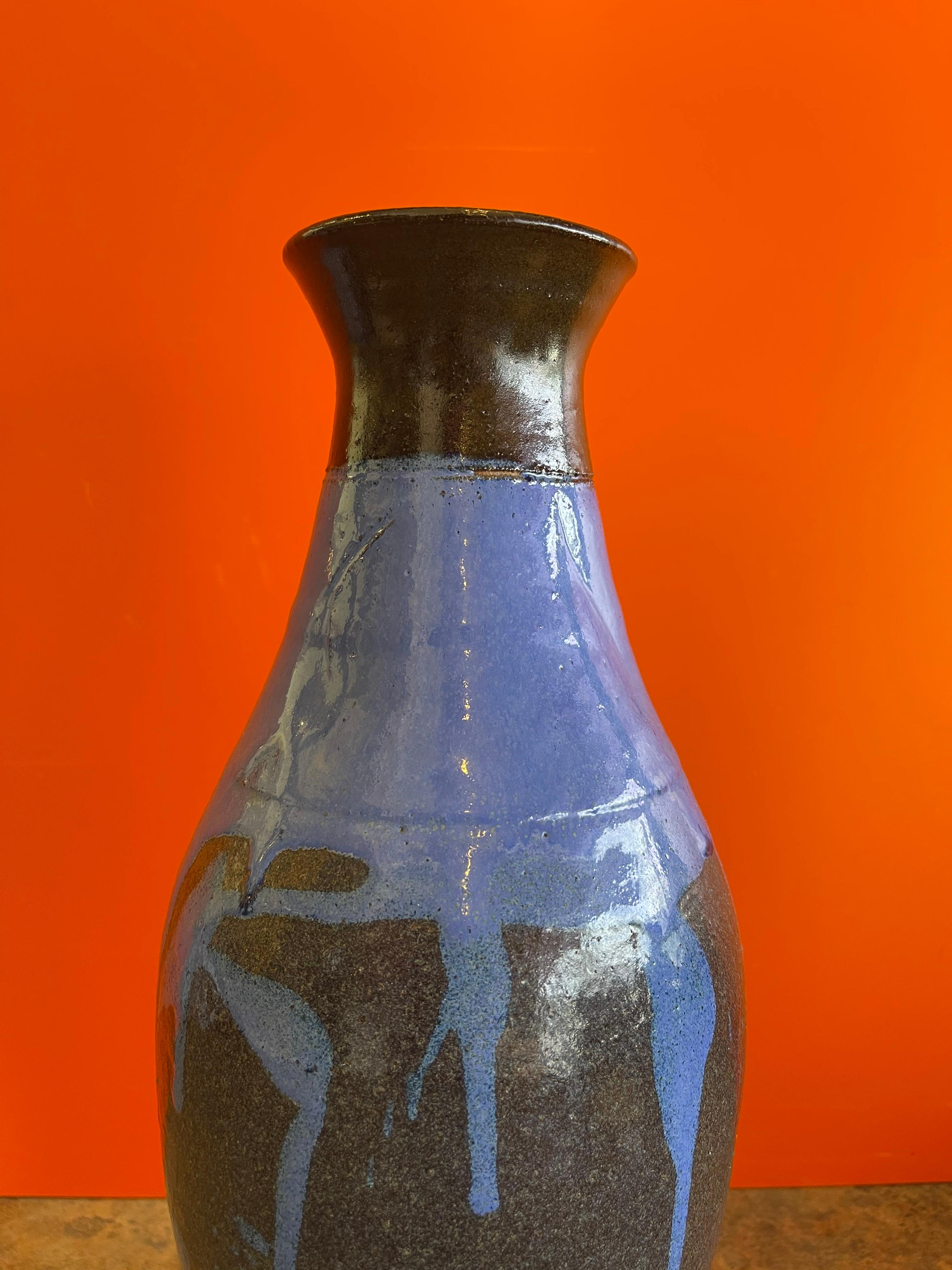 20th Century Mid-Century Studio Pottery Vase with Blue Drip Glaze
