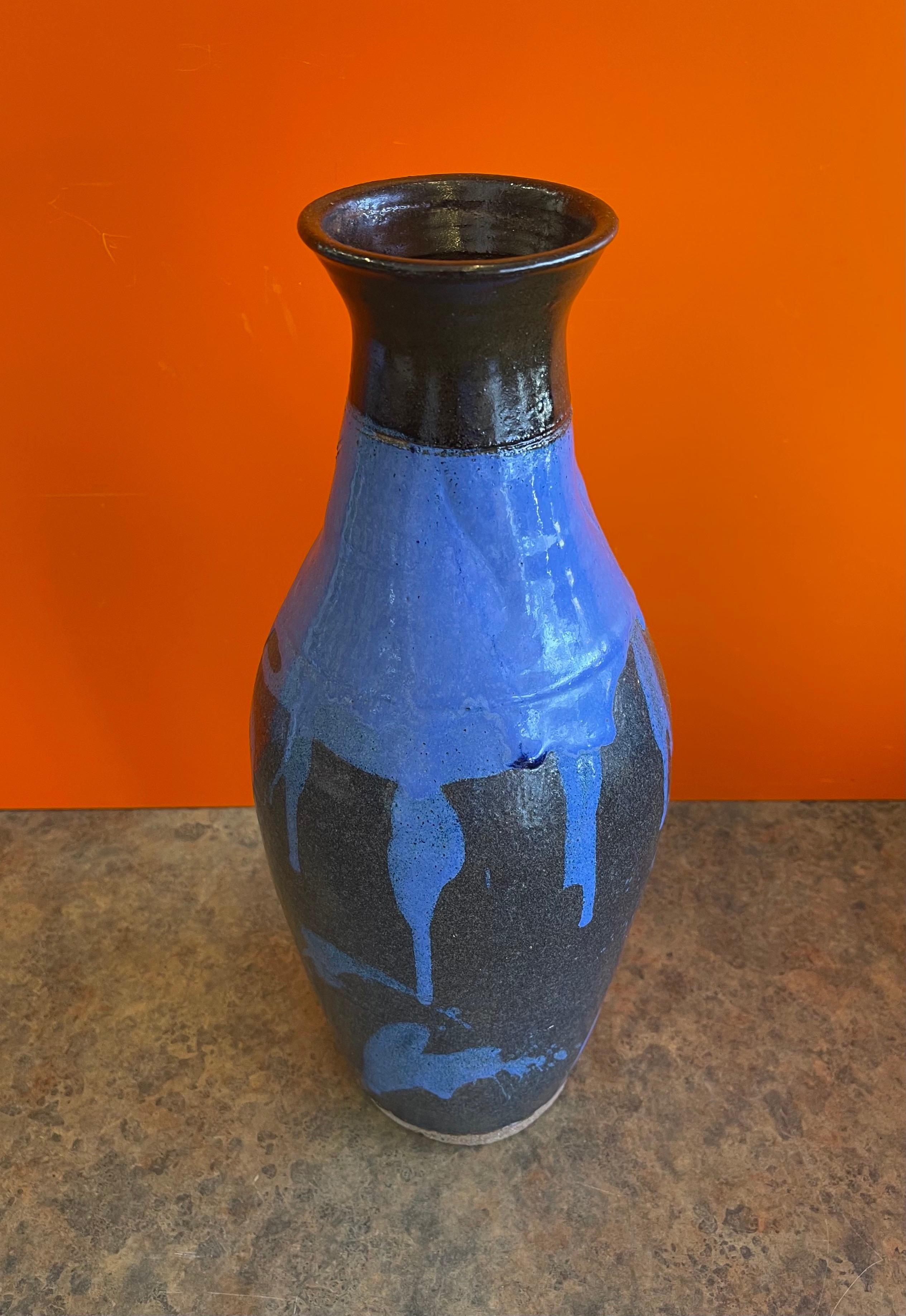 Mid-Century Studio Pottery Vase with Blue Drip Glaze 1