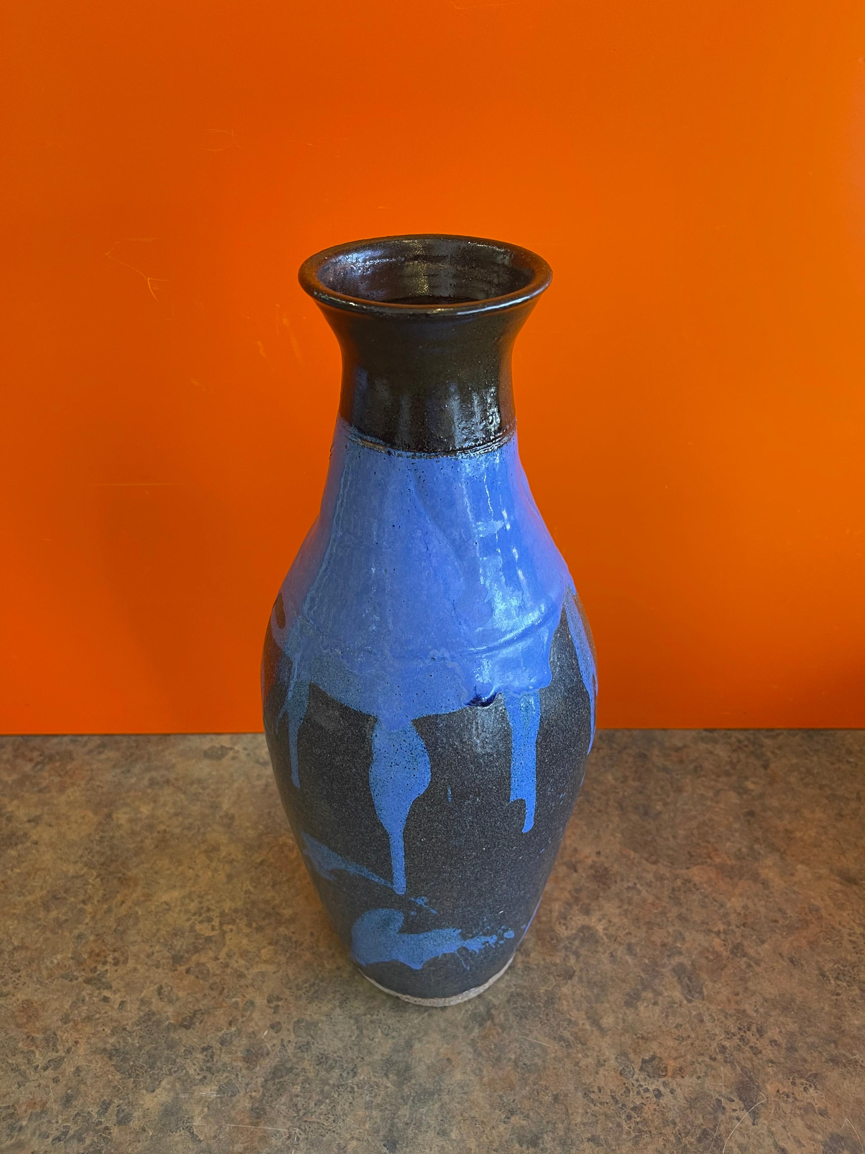 Mid-Century Studio Pottery Vase with Blue Drip Glaze 2