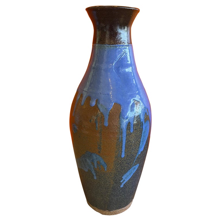 Mid-Century Studio Pottery Vase with Blue Drip Glaze at 1stDibs