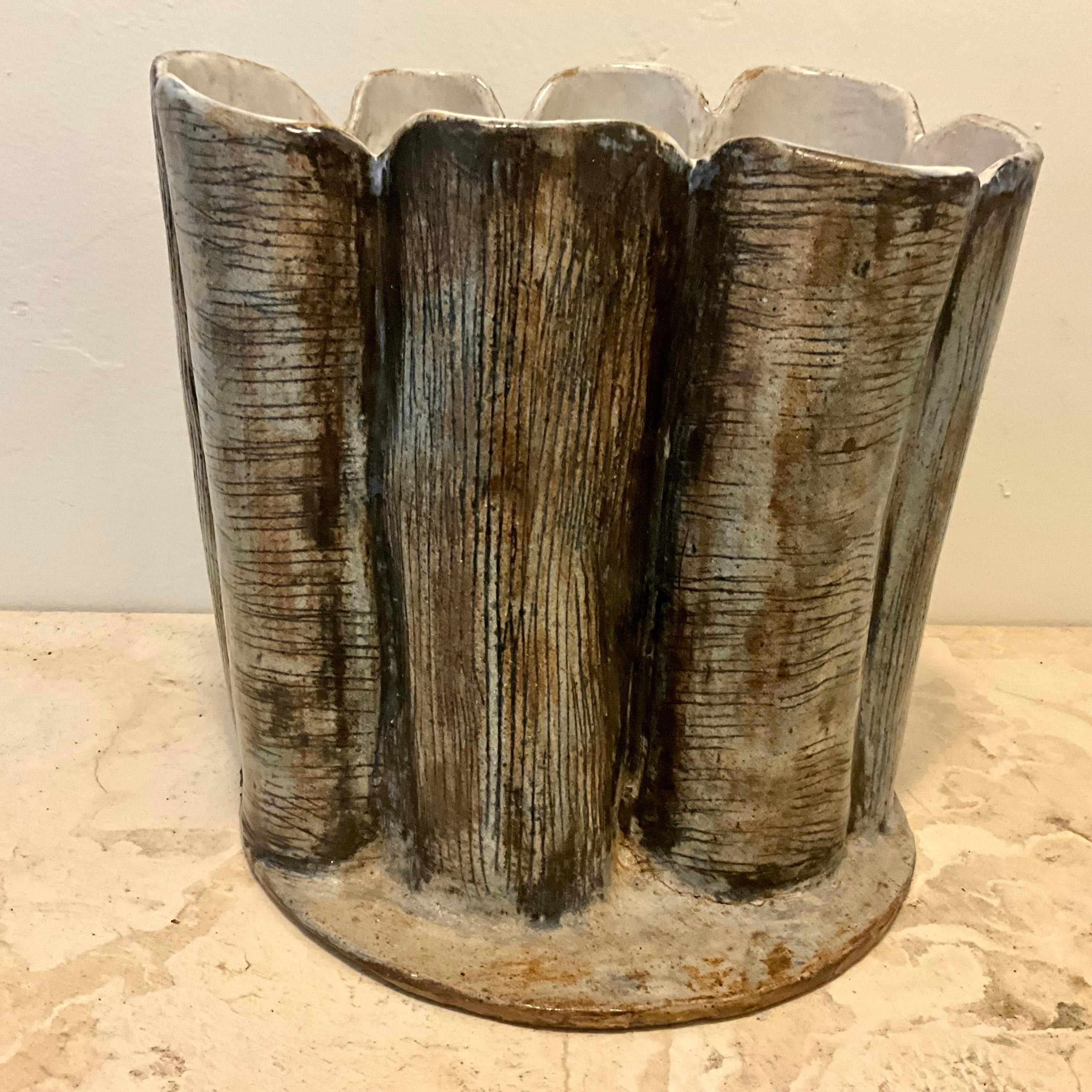 American Mid-Century Studio Pottery Vessel with Sculptural Faux Tree-Bark For Sale