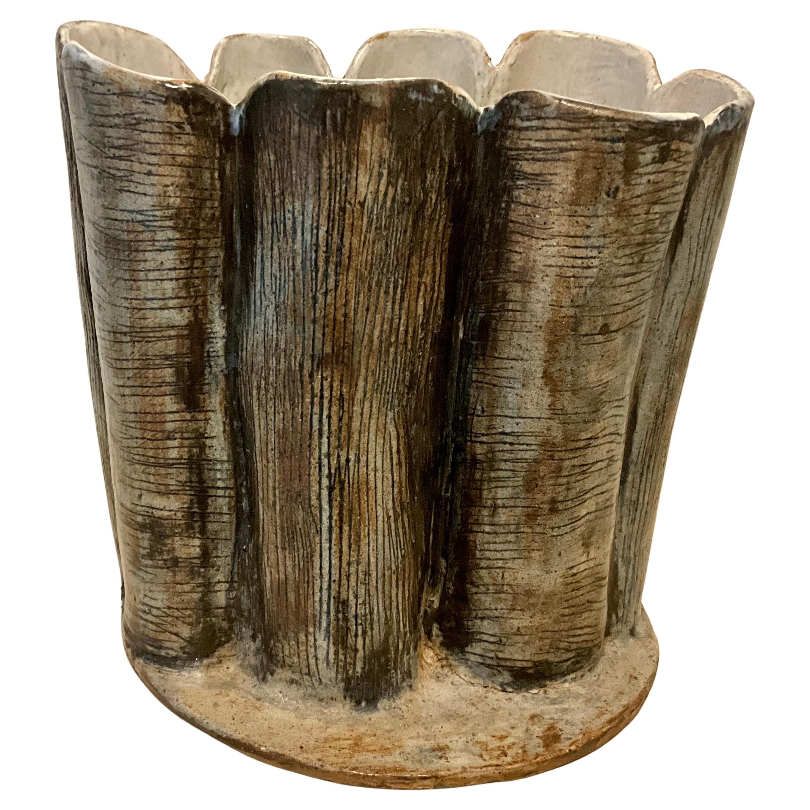 Mid-Century Studio Pottery Vessel with Sculptural Faux Tree-Bark For Sale