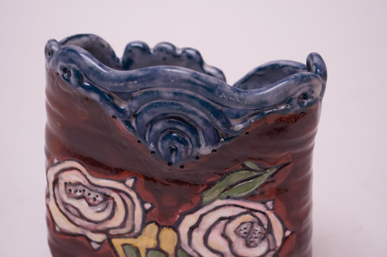 Midcentury Studio Terracotta Floral Vase Signed For Sale 4