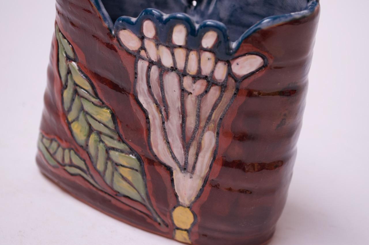 Midcentury Studio Terracotta Floral Vase Signed For Sale 2