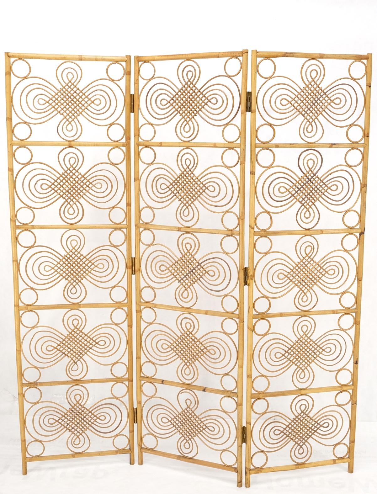 20th Century Mid Century Stunning Pattern Three Panel Bamboo Rattan Room Divider Screen Mint For Sale