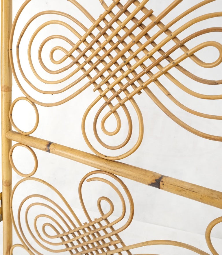 Mid Century Stunning Pattern Three Panel Bamboo Rattan Room Divider Screen Mint For Sale at