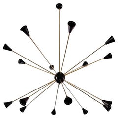 Mid Century, Style 16 Arms Brass Sputnik Chandelier with Black Shades