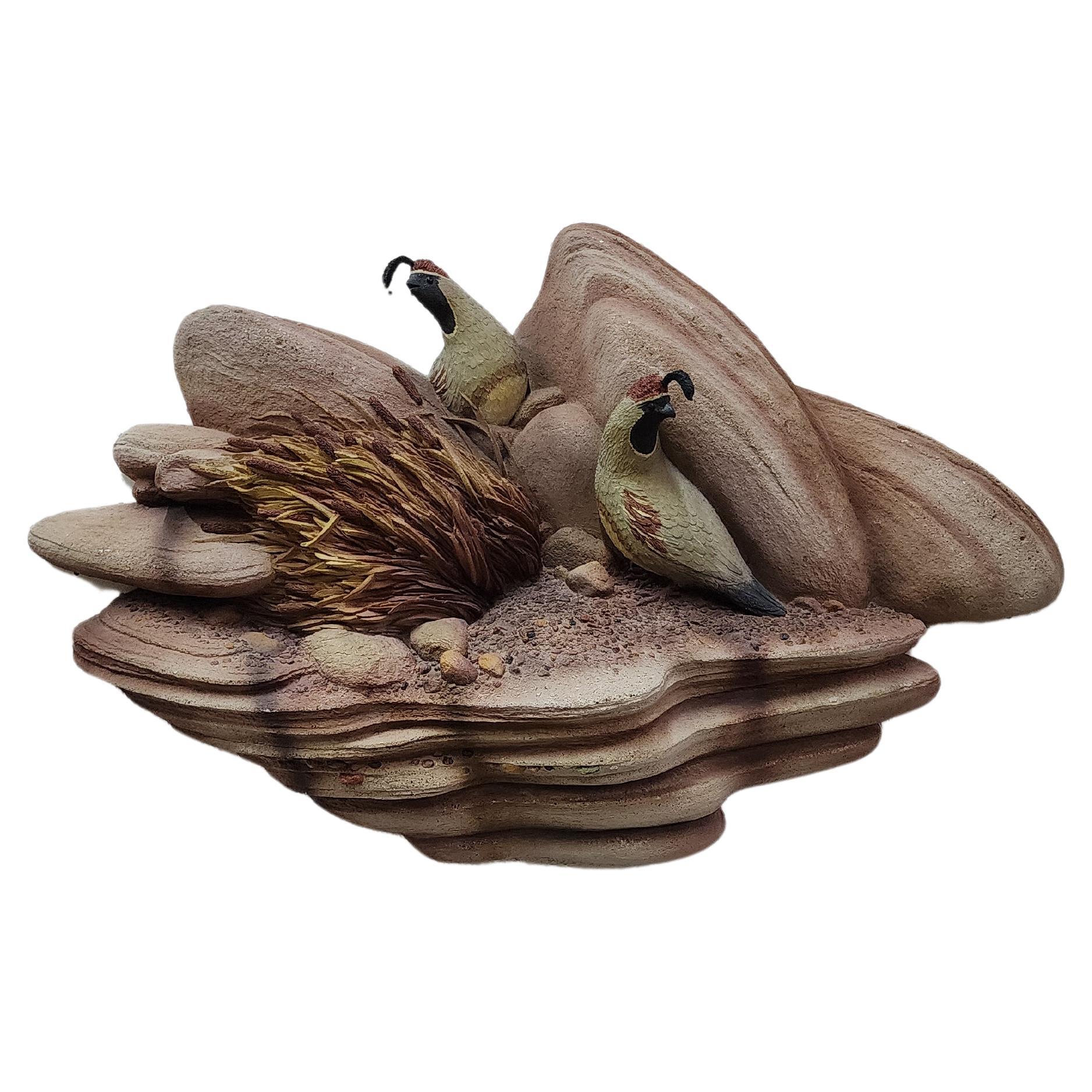 Mid-Century Style 3D Sculptural Wall Landscape with Rocks and Quails For Sale
