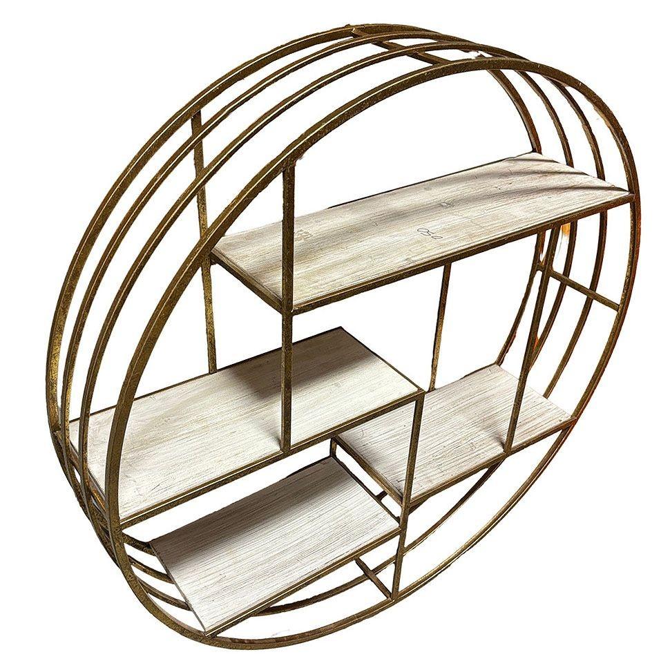 4-tier Mid-century wall-hanging shelves feature a striking round brass-colored metal frame. The shelves are suspended within the circular frame, creating a unique, eye-catching display for small decor items, plants, or books. The warm brass finish