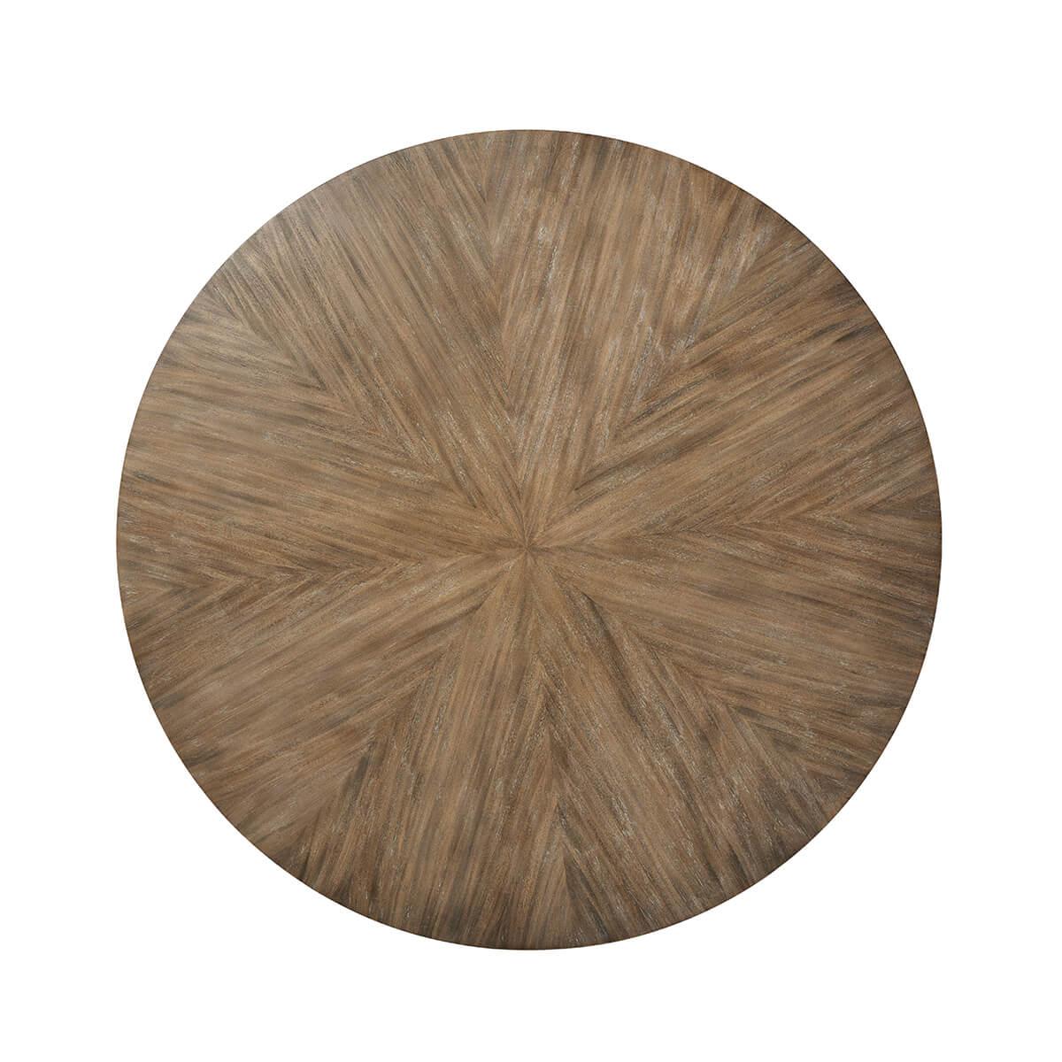 avec un plateau circulaire en placage de Primavera de palétuvier incrusté de soleil en  Le fauteuil est posé sur un socle cylindrique enveloppé de cuir gaufré Komodo, avec des accents de nickel brossé et une base en bois plaqué.

Dimensions : 60 