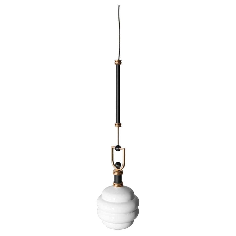 Mid-Century Style Accent Pendant Lamp, Blown Glass, Black & Gold Polished Brass