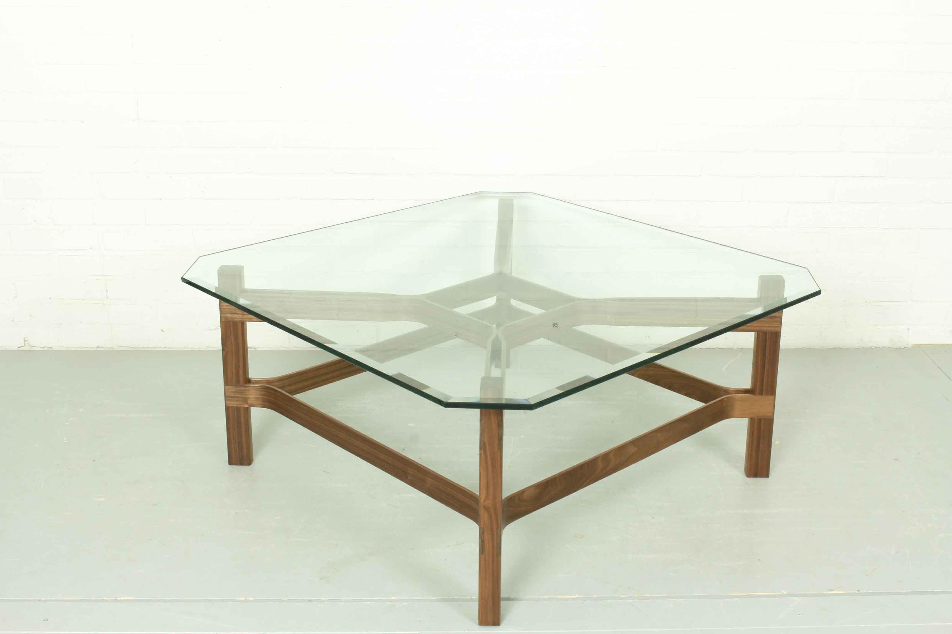 Beveled Mid Century Style American Nut Coffee Table with Vintage Glass Top For Sale