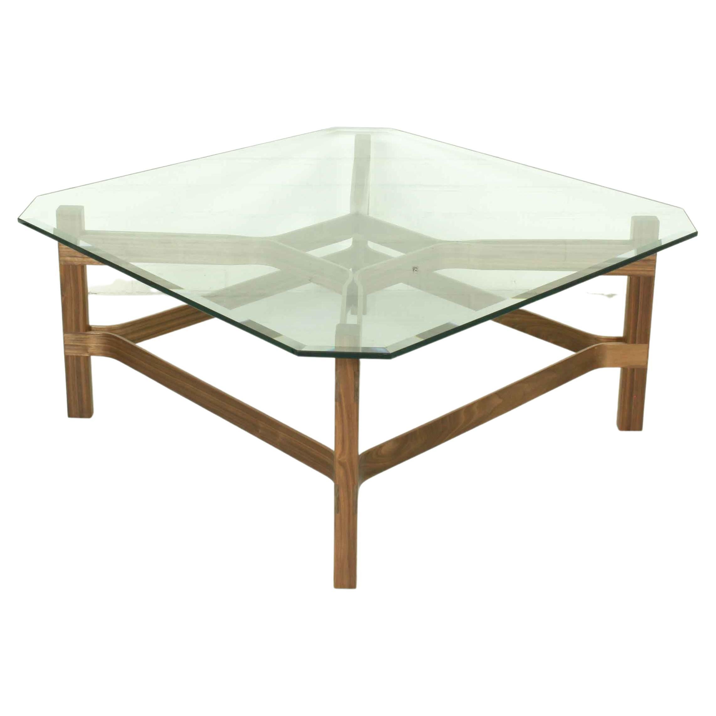 Mid Century Style American Nut Coffee Table with Vintage Glass Top For Sale